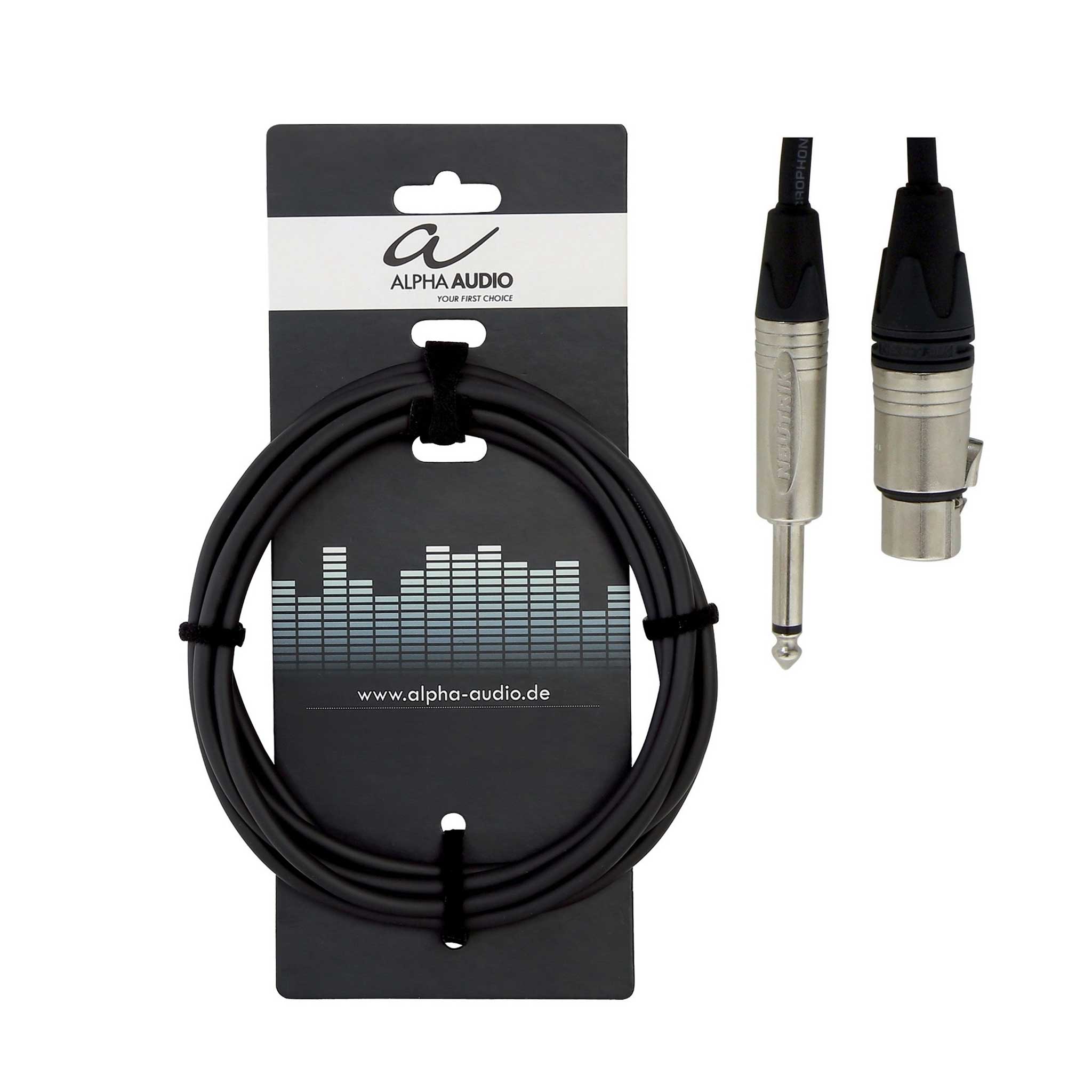 Gewa Mikrofonkabel schwarz aufgerollt im Blister mit Straps und detail