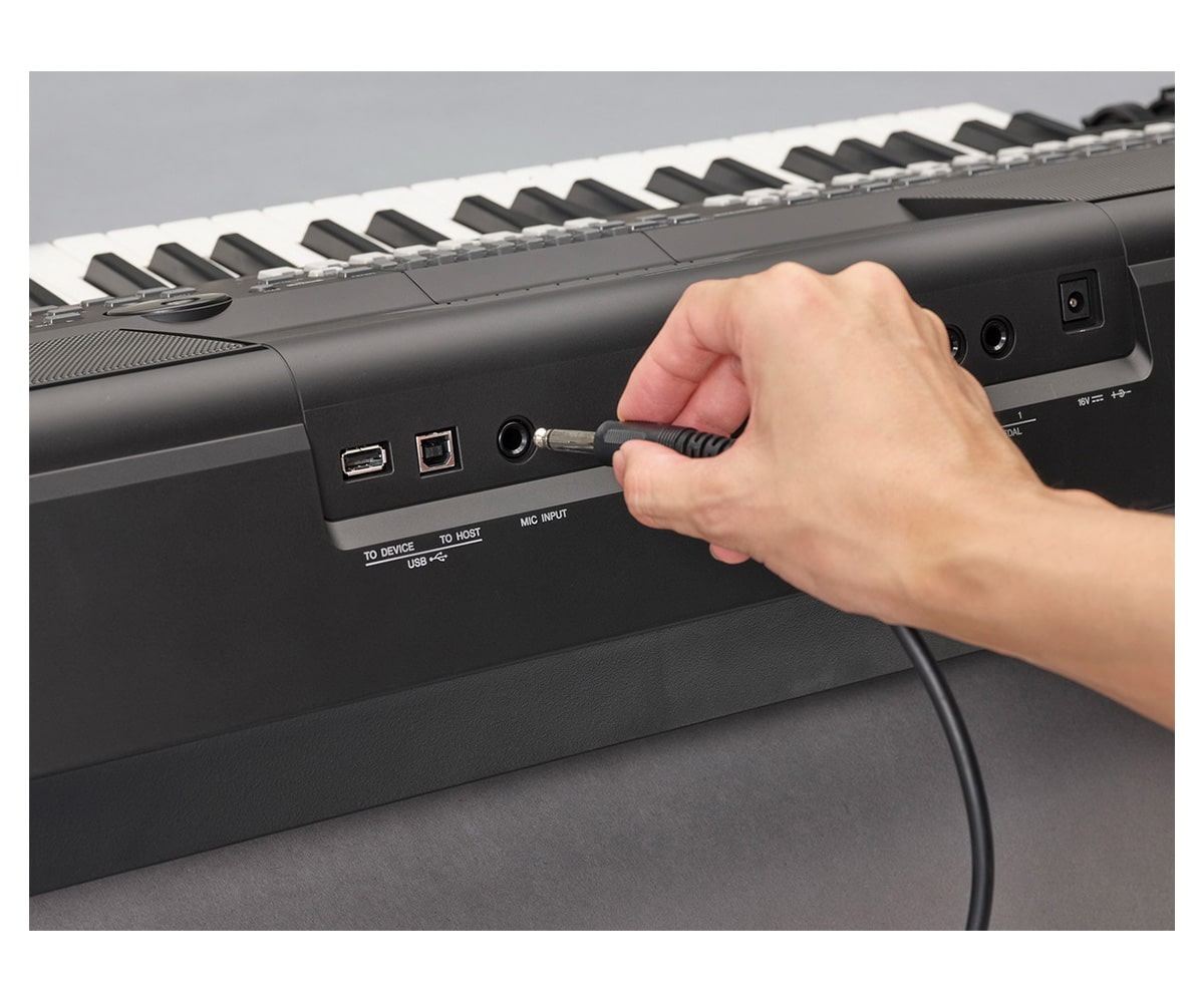 Yamaha PSR-SX600 Workstation Rückseite Mikrofon wird angeschlossen