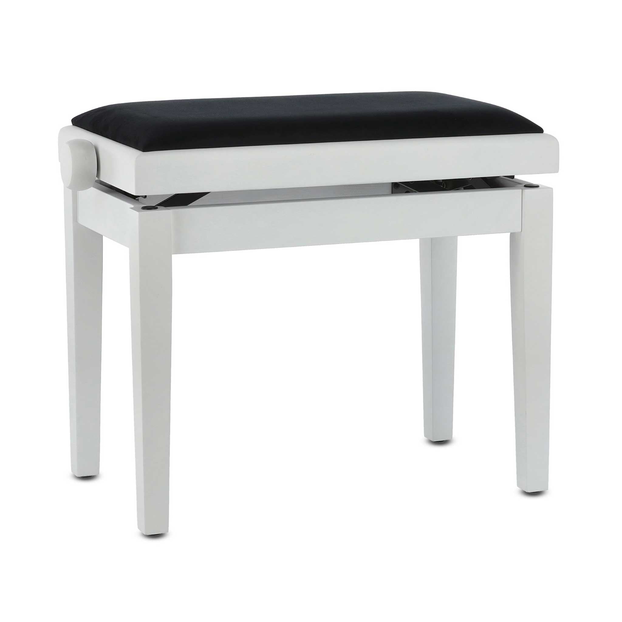 Klavierbank Gewa Deluxe weiss matt mit stoff schwarz gedreht seitlich