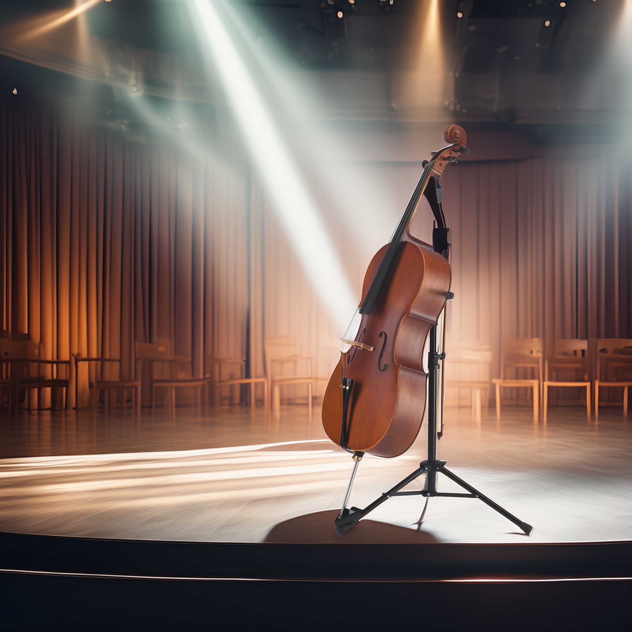 König & Meyer Cello Ständer schwarz auf Bühne mit Cello