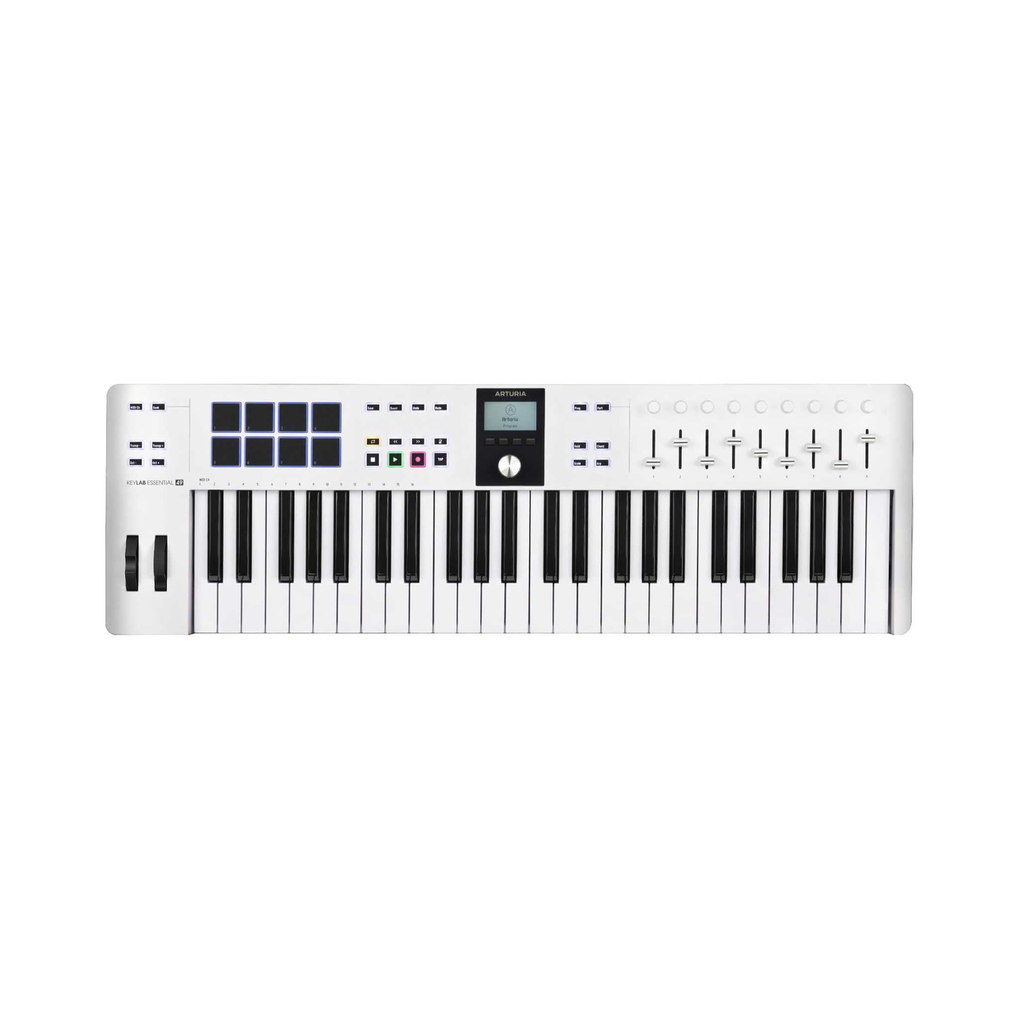 Arturia Keylab essential Midi Controller mit 49 Tasten in weiß auf weißem Hintergrund