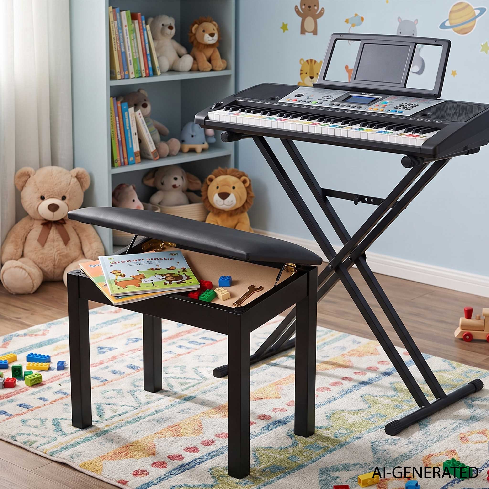 Gator Klavierbank schwarz matt im Kinderzimmer mit Keyboard Teppich