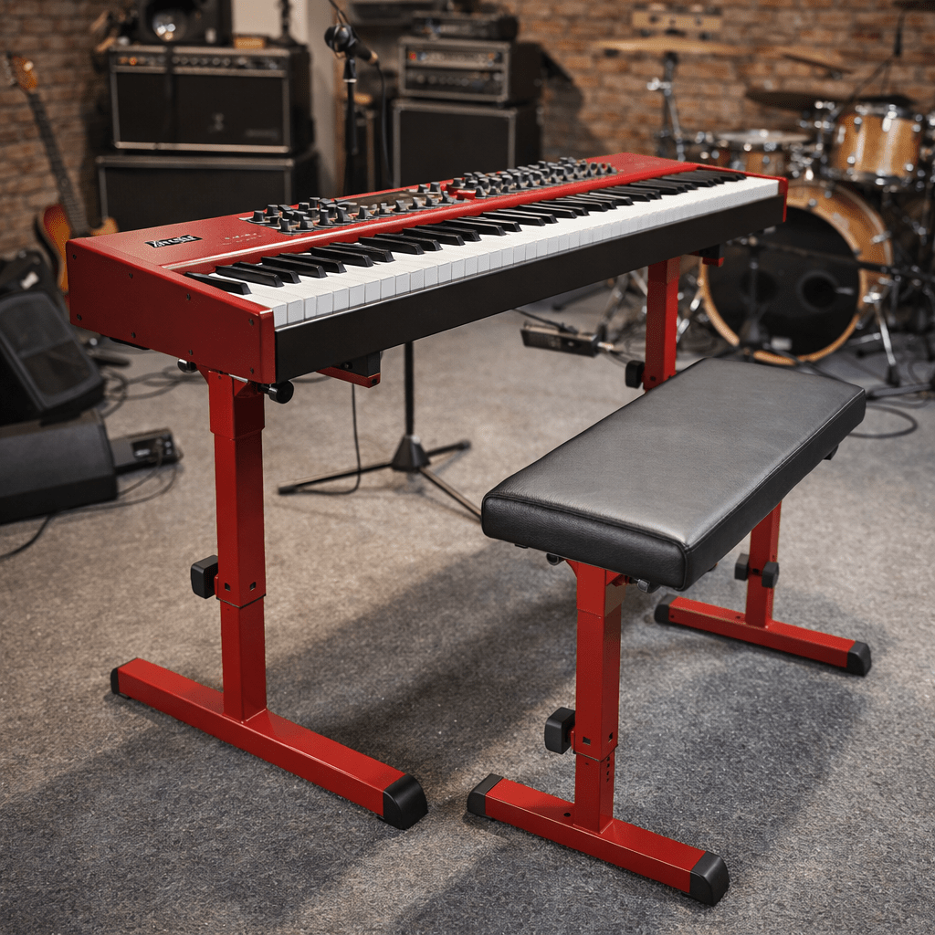 Klavierbank König & Meyer Mobil rot im Proberaum mit Keyboard und Instrumenten
