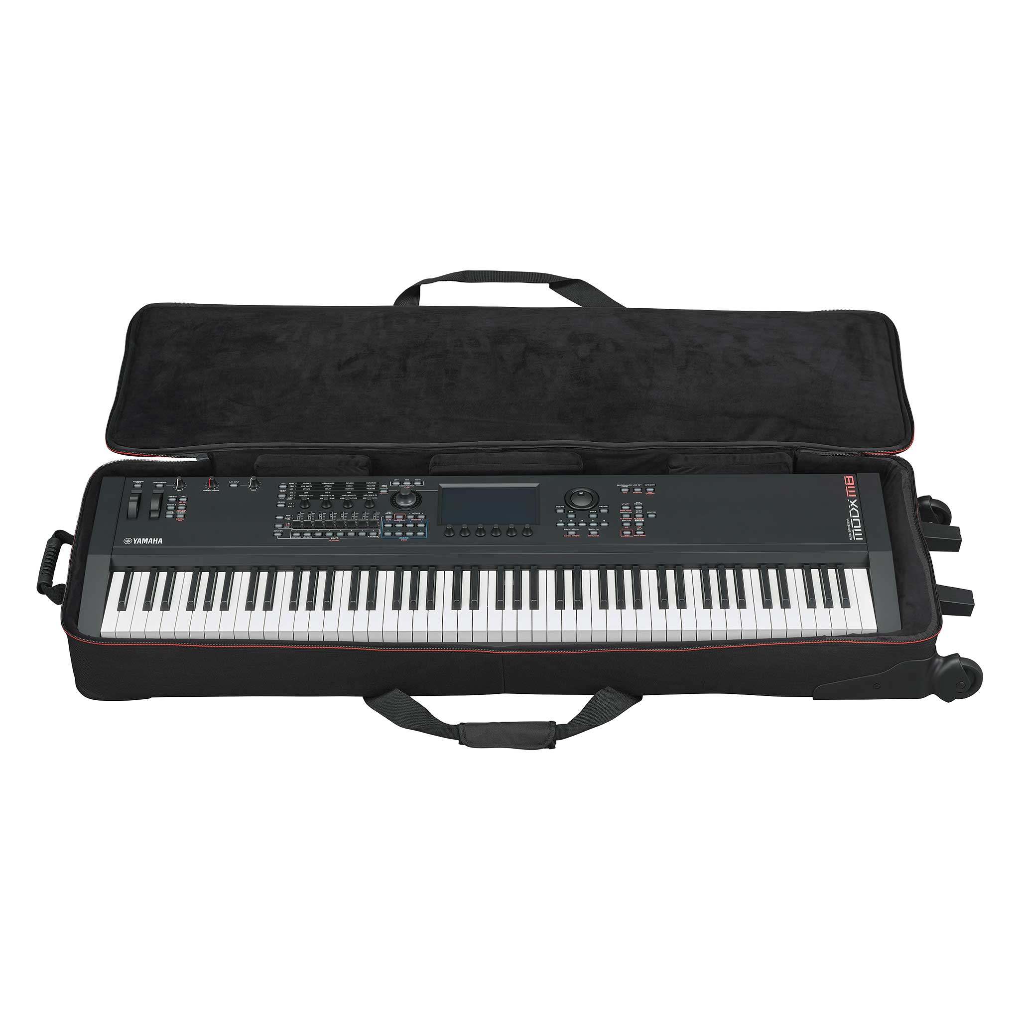 Softcase schwarz für Yamaha MODXM8 schwarz mit Rollen geöffnet mit Synthesizer