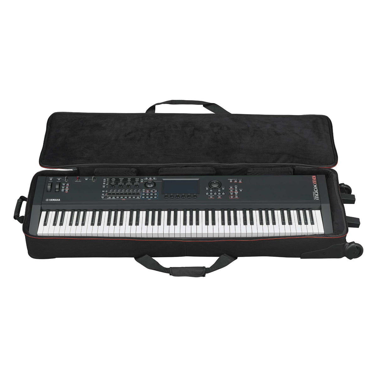 Softcase schwarz für Yamaha MODXM8 schwarz mit Rollen geöffnet mit Synthesizer