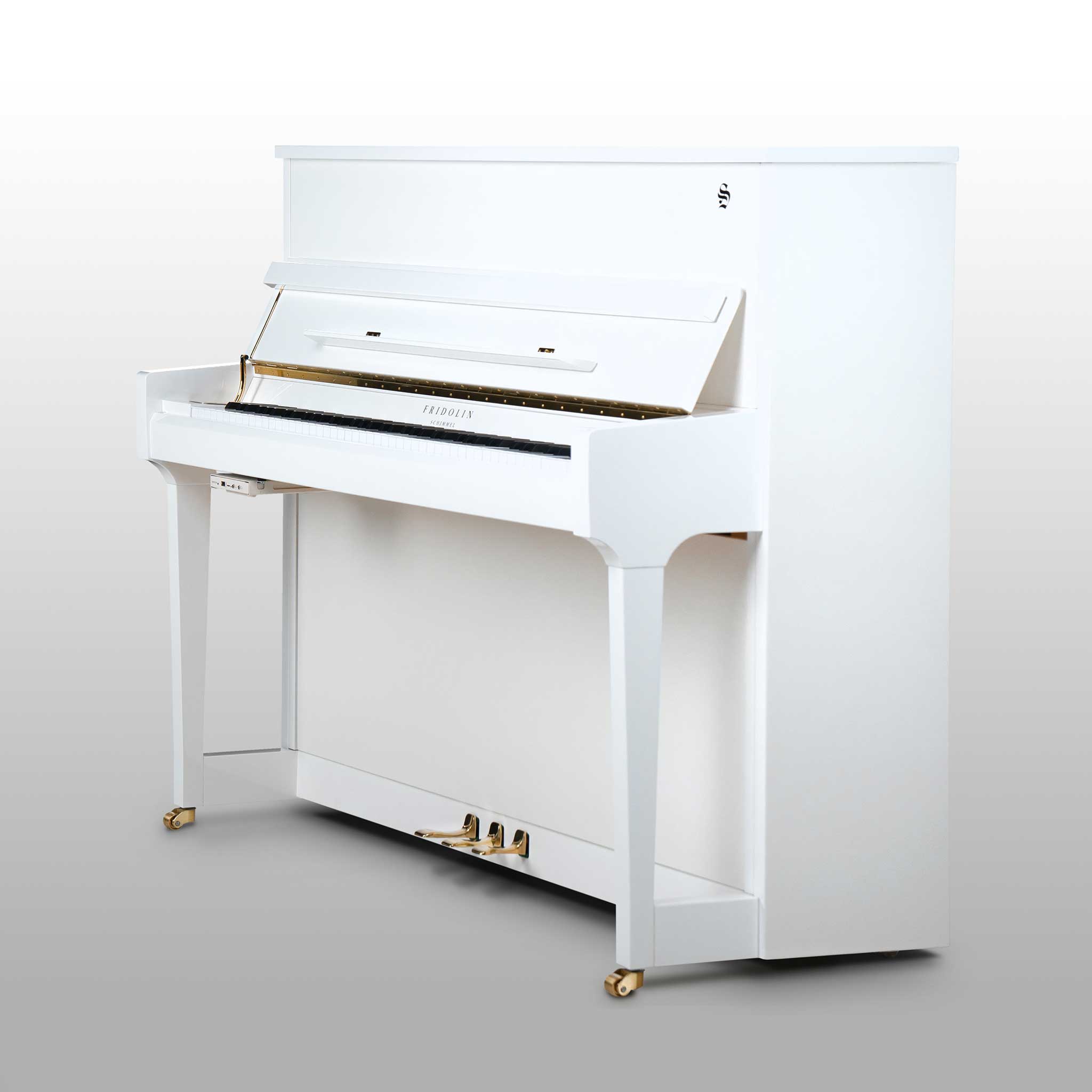 Fridolin Schimmel Klavier weiss poliert seitlich