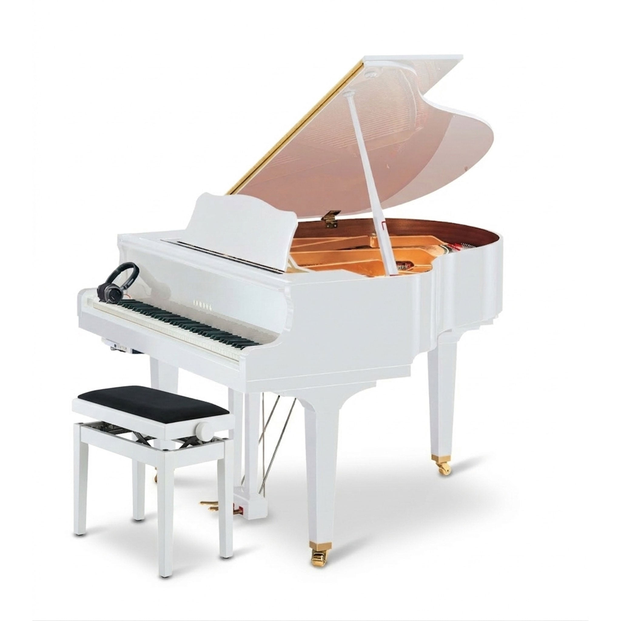 Yamaha GB1SC3PWH Silent Flügel in weiß poliert mit Kopfhörer und Klavierbank