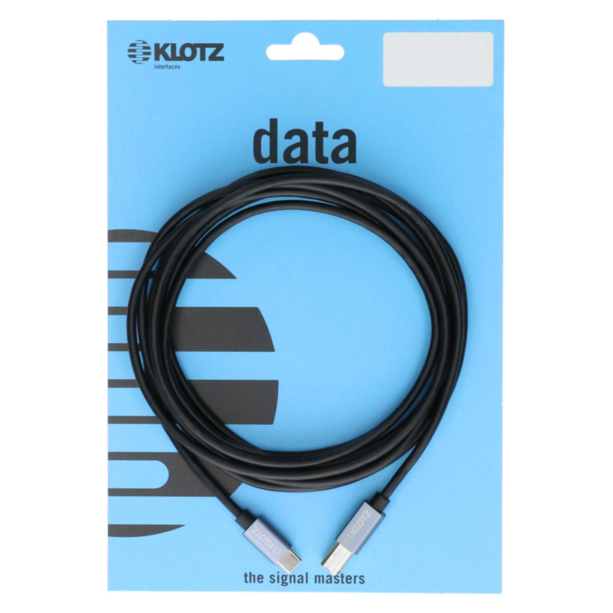 Klotz USB C auf B Kabel schwarz aufgerollt im Blister blau