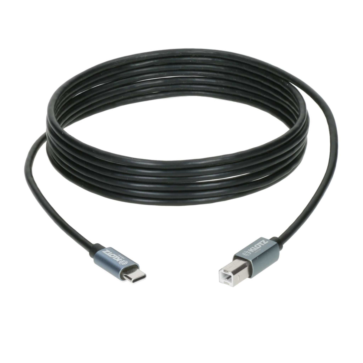 Klotz USB C auf B Kabel schwarz aufgerollt