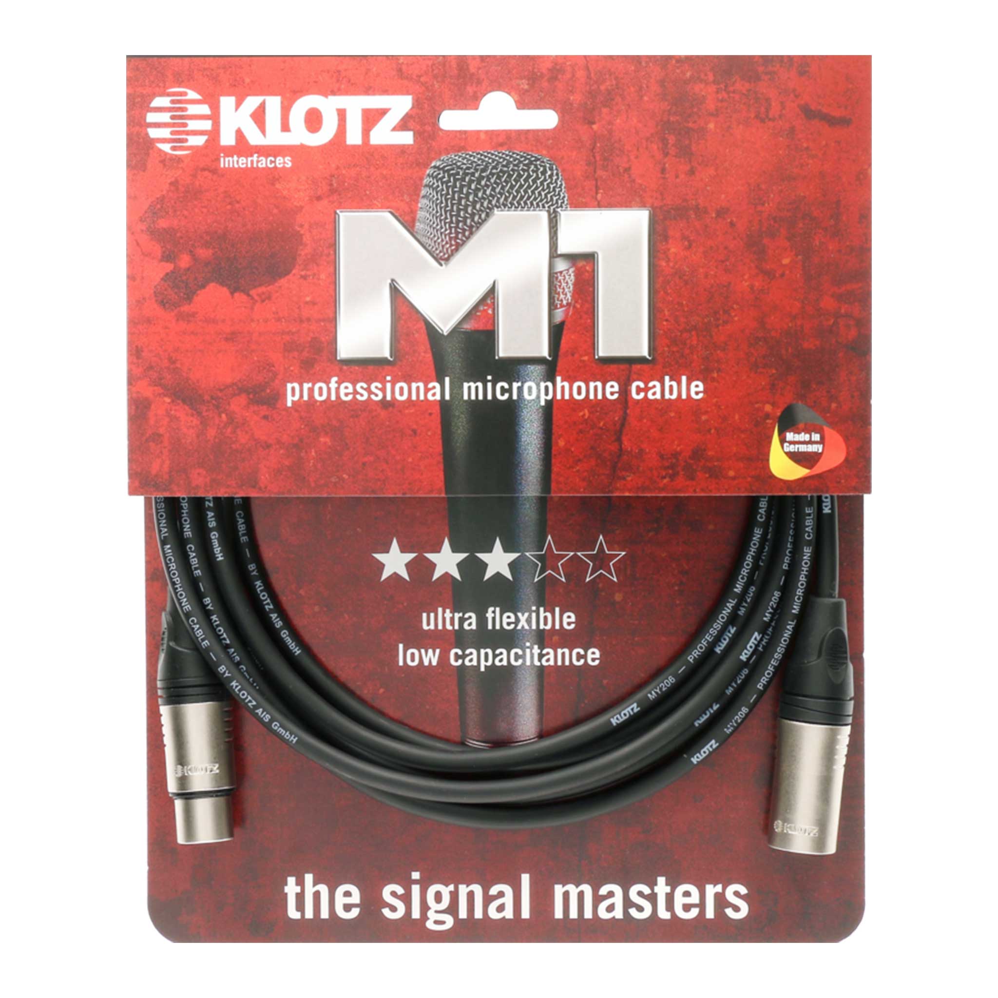 XLR Klotz Kabel Schwarz aufgerollt mit Silbernen Steckern im Roten Blister