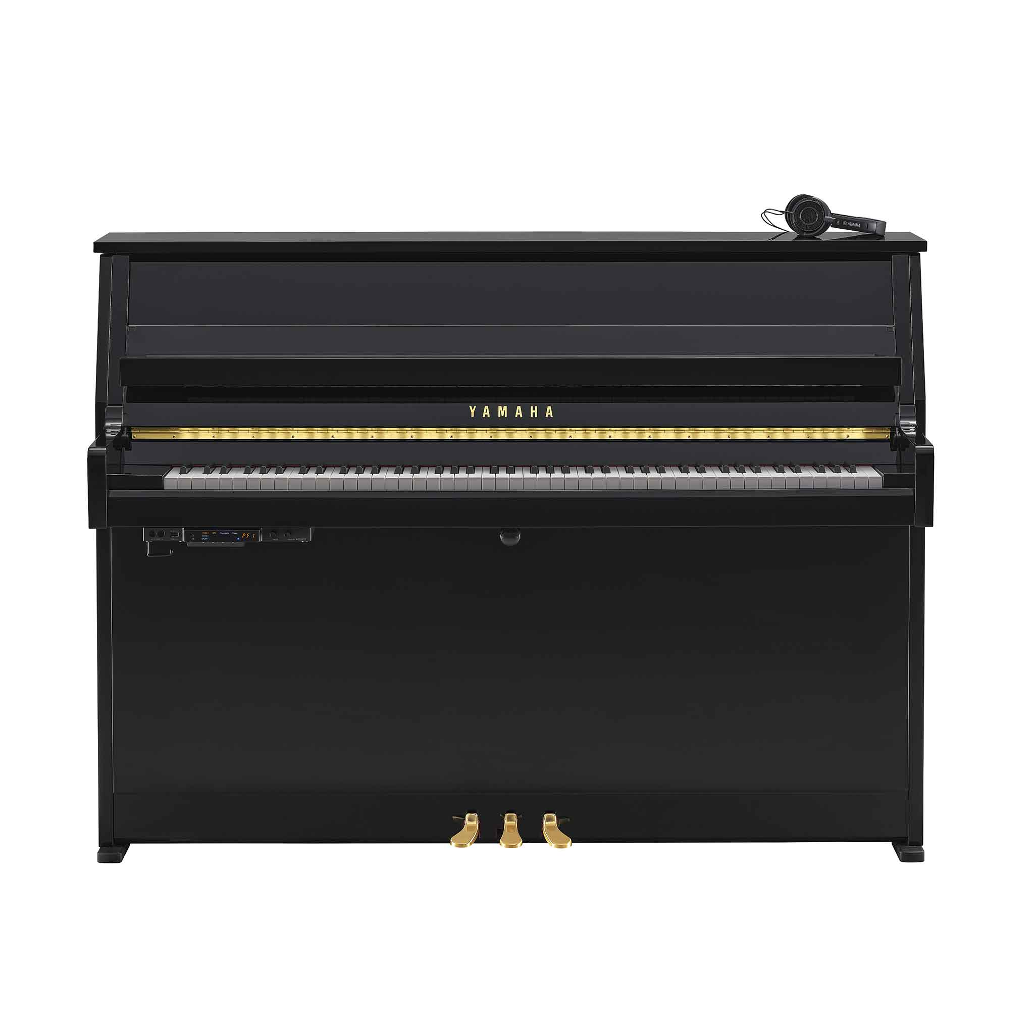 Piano Yamaha b10 schwarz auf weißem Hintergrund mit Silentsystem und Kopfhörer