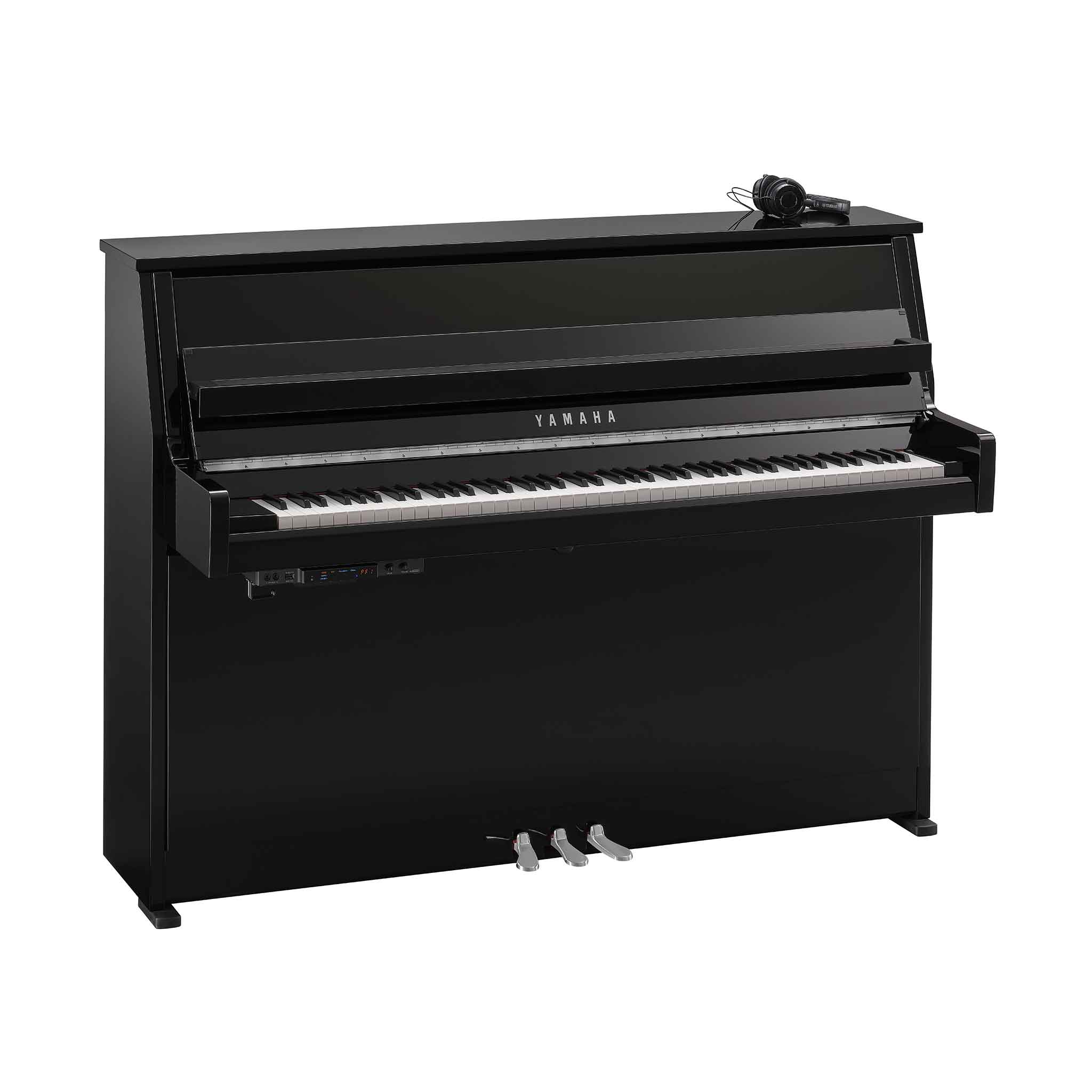 Piano Yamaha b10 schwarz chrom auf weißem Hintergrund mit Silentsystem und Kopfhörer