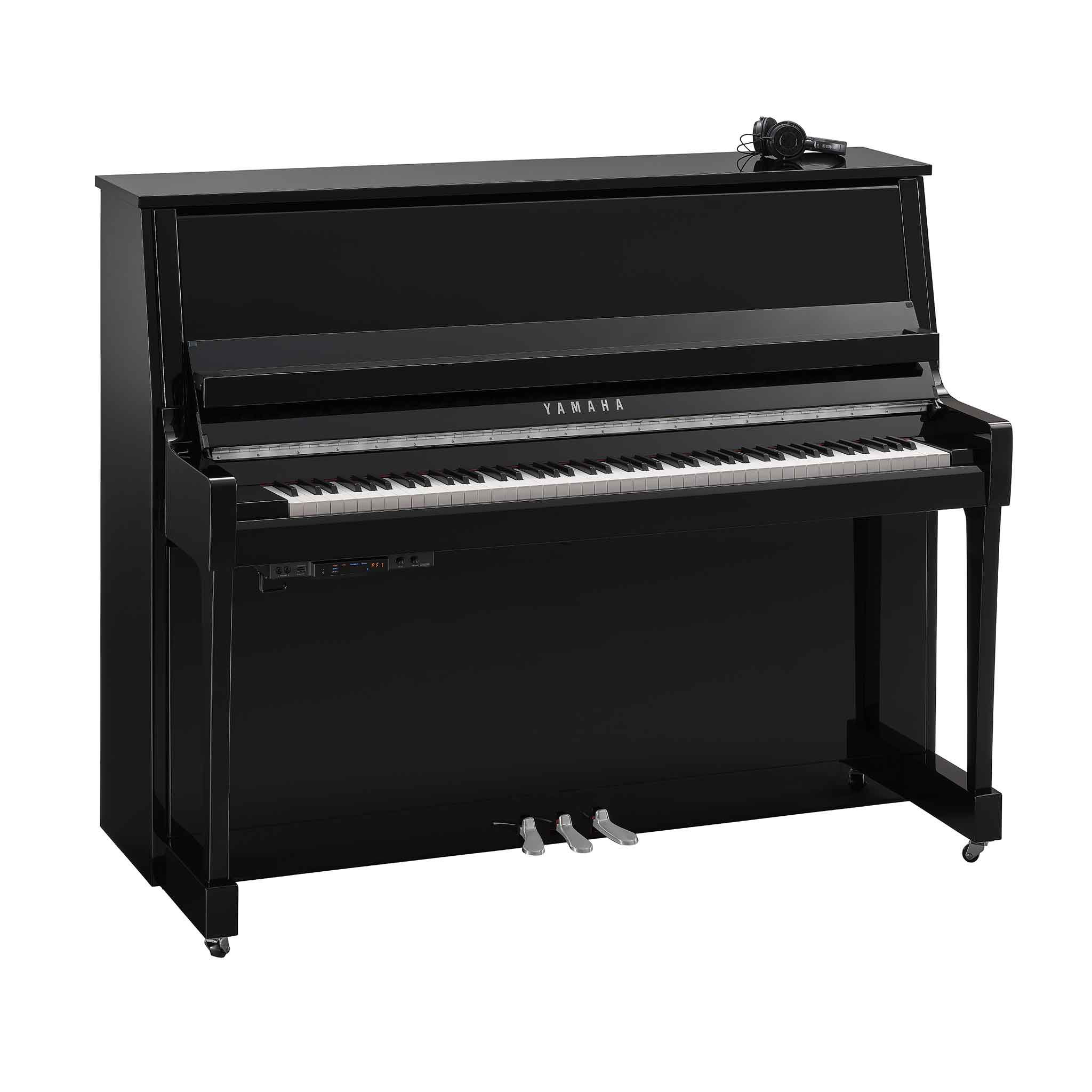 Piano Yamaha b30 schwarz chrom auf weißem Hintergrund mit Silentsystem und Kopfhörer