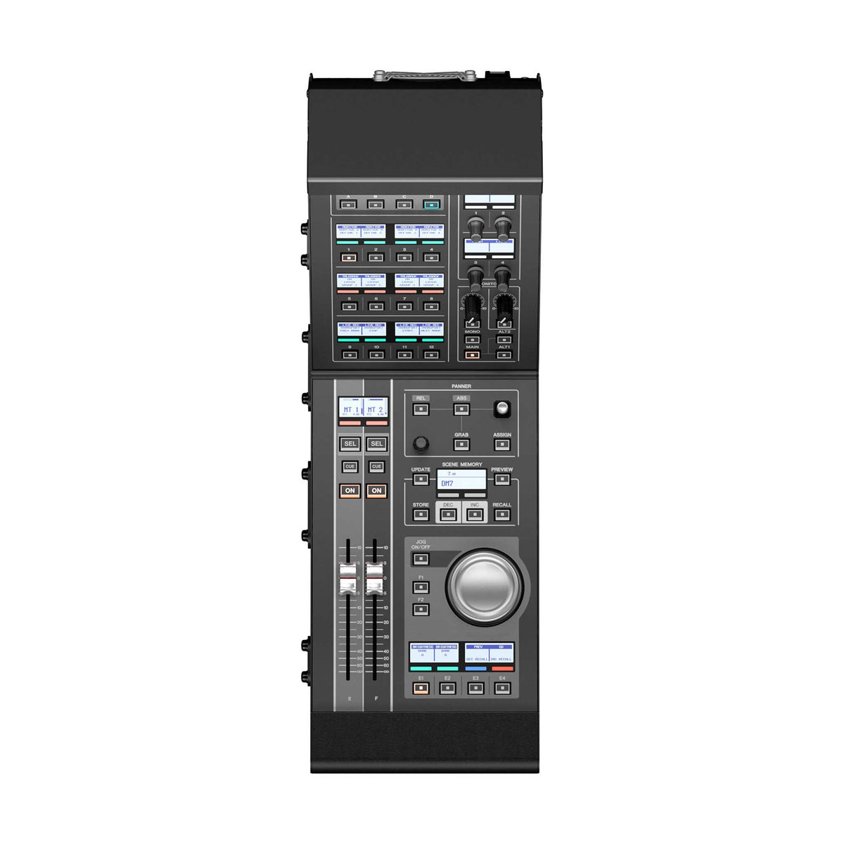 Yamaha DM7 Control Bedieneinheit in Draufsicht mit zwei Fadern, Jog-Wheel, Drehreglern und Funktionstasten