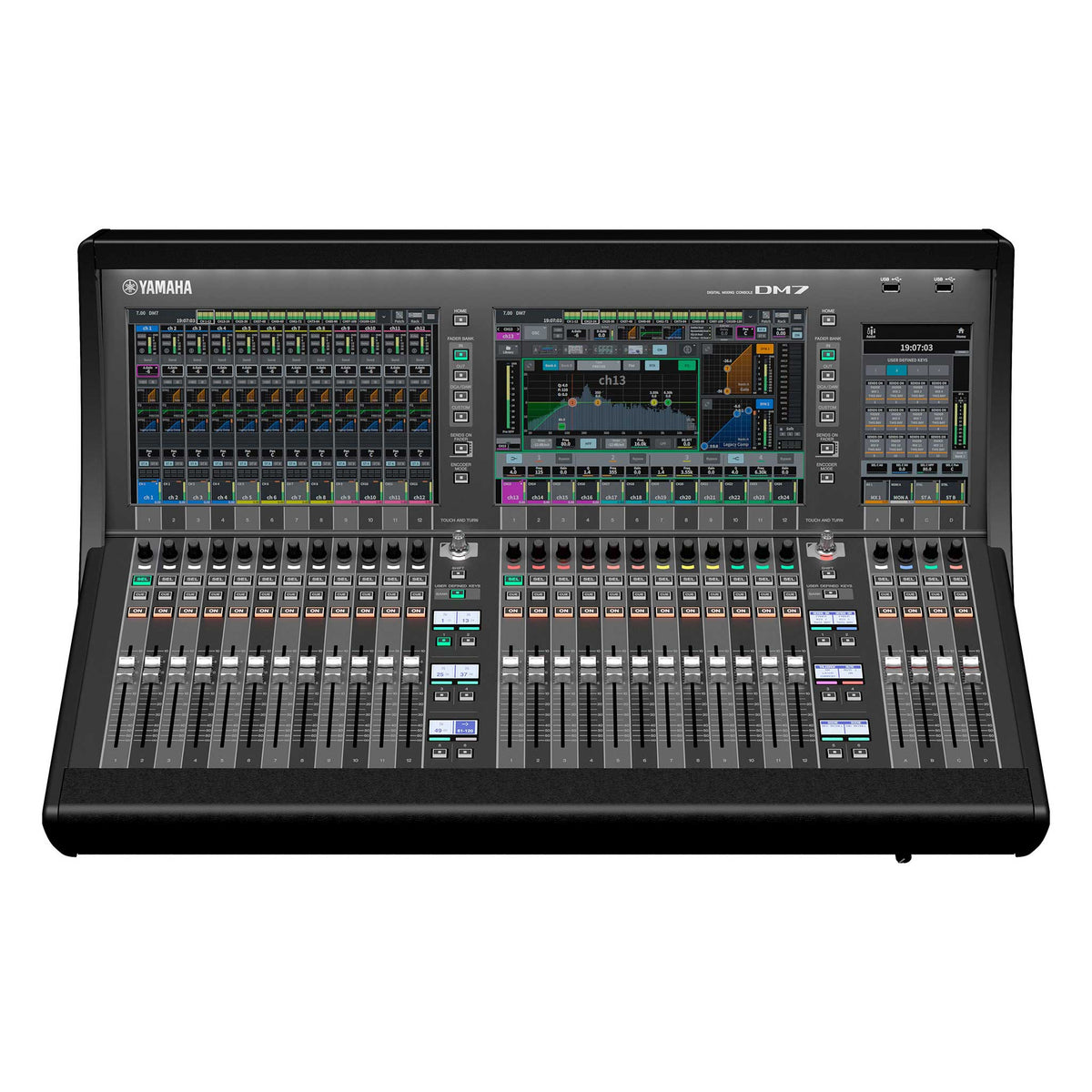 Yamaha DM7 Digitalmischpult in Frontansicht mit drei Displays, Drehreglern und Fadern