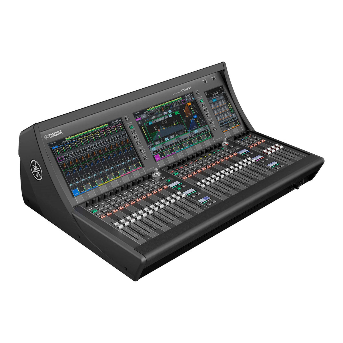 Yamaha DM7 Digitalmischpult schräg von links mit Bedienoberfläche und seitlichem Yamaha-Logo
