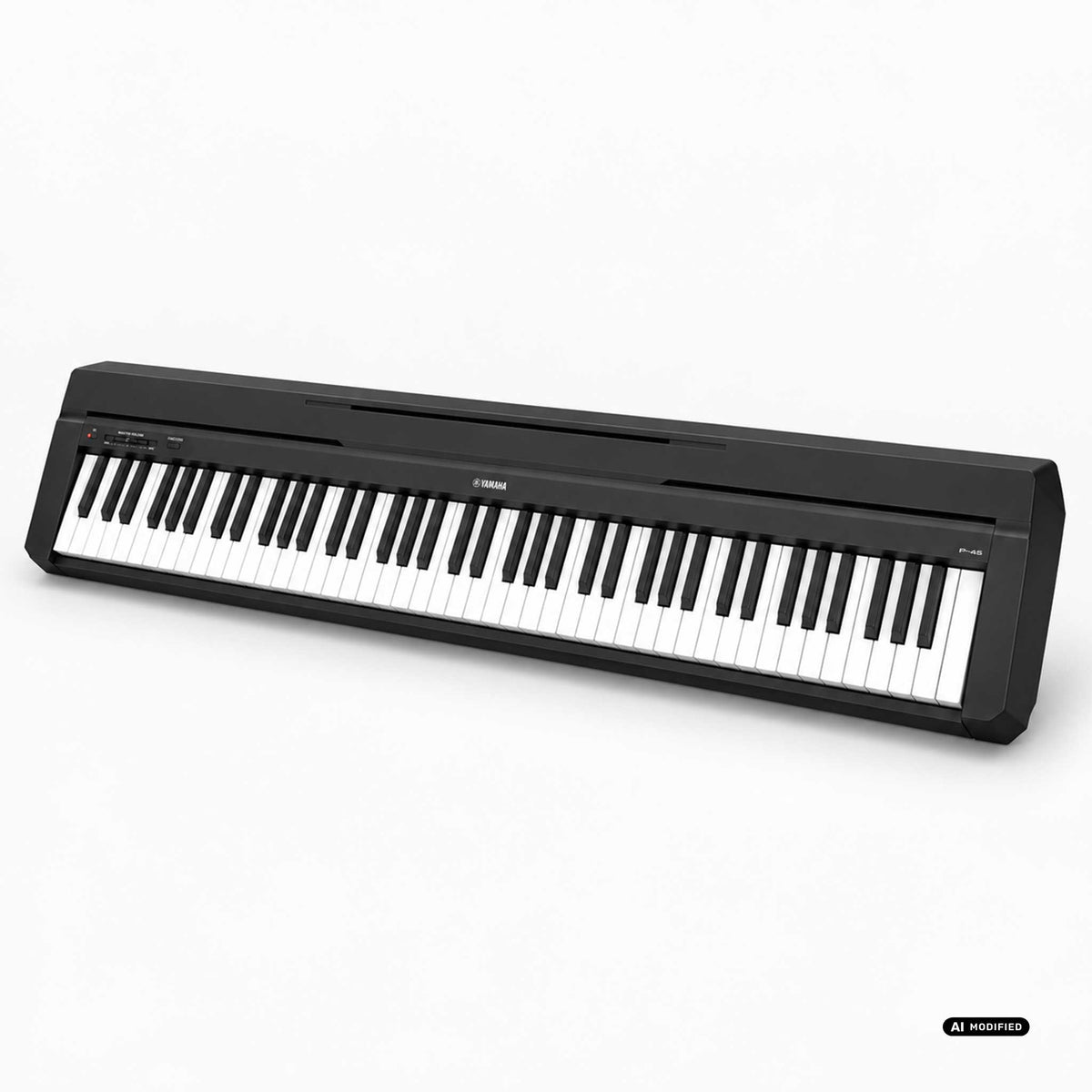 Yamaha P-45 Digitalpiano in Schwarz ohne Ständer, Schrägansicht von rechts mit Tastatur