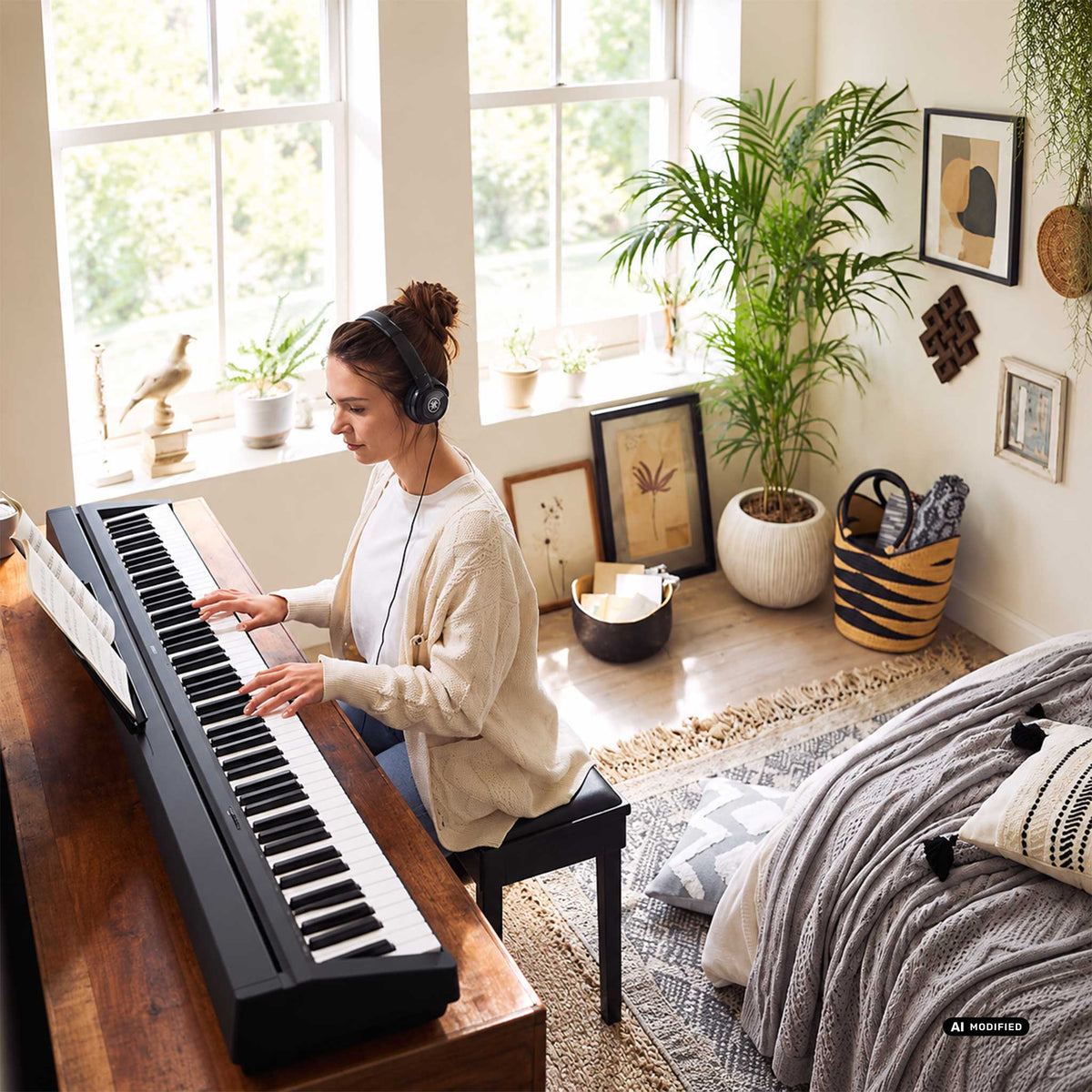 Frau spielt mit Kopfhörern auf einem schwarzen Yamaha P-45 Digitalpiano an einem Holztisch