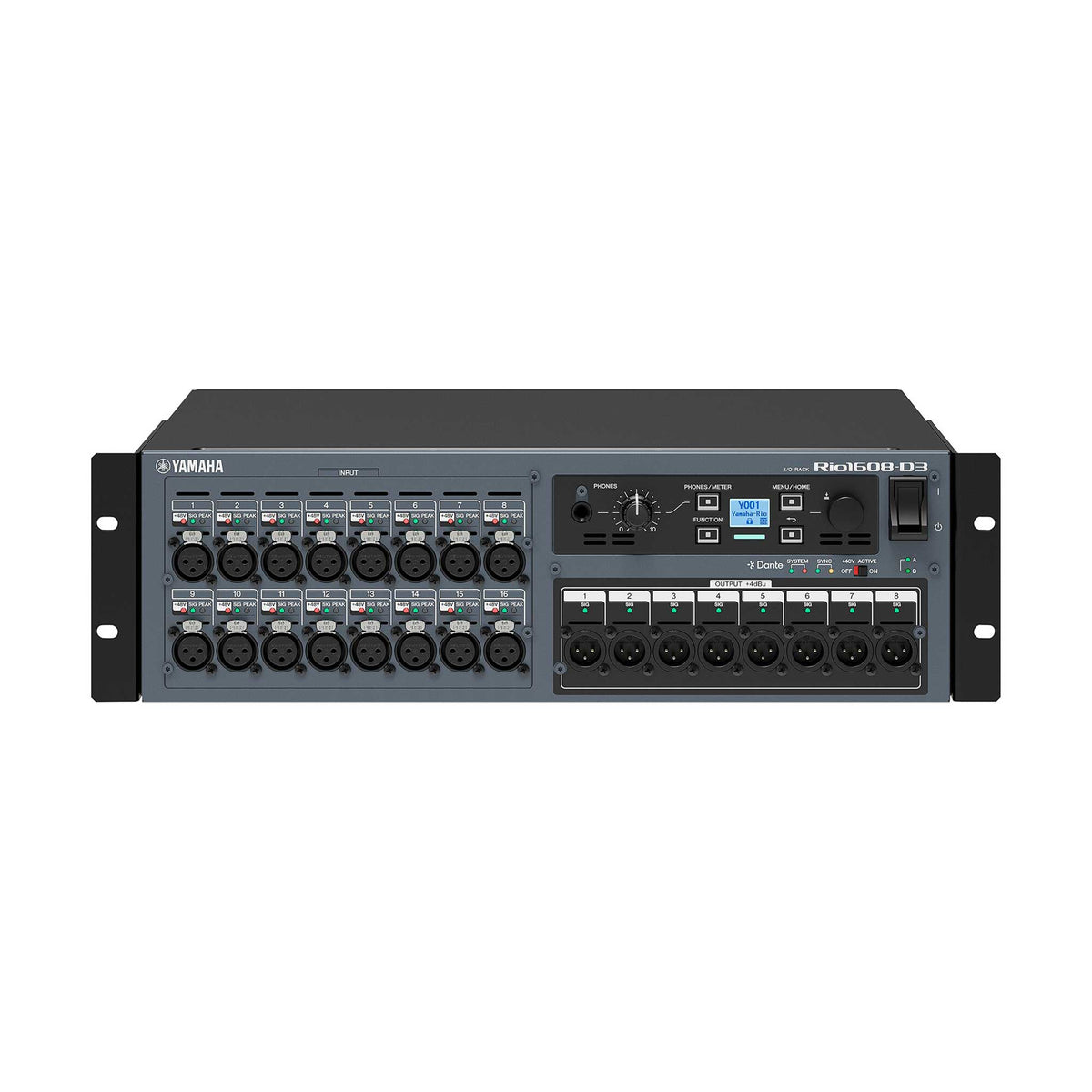 Yamaha Rio1608-D3 Dante-Stagebox von vorne leicht erhöht mit sichtbarer Gehäuseoberseite