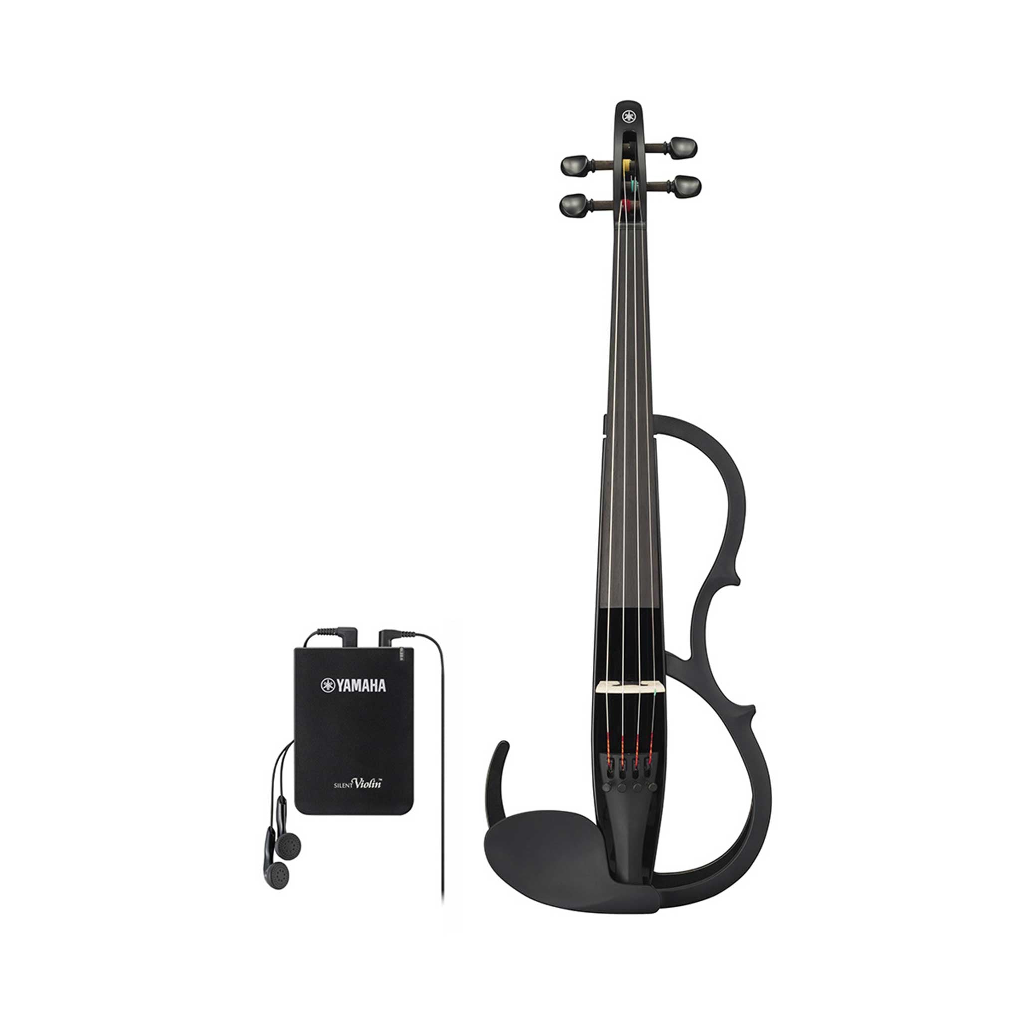 Yamaha YSV-104 Silent Violin black mit kontrollbox auf weißem Hintergrund