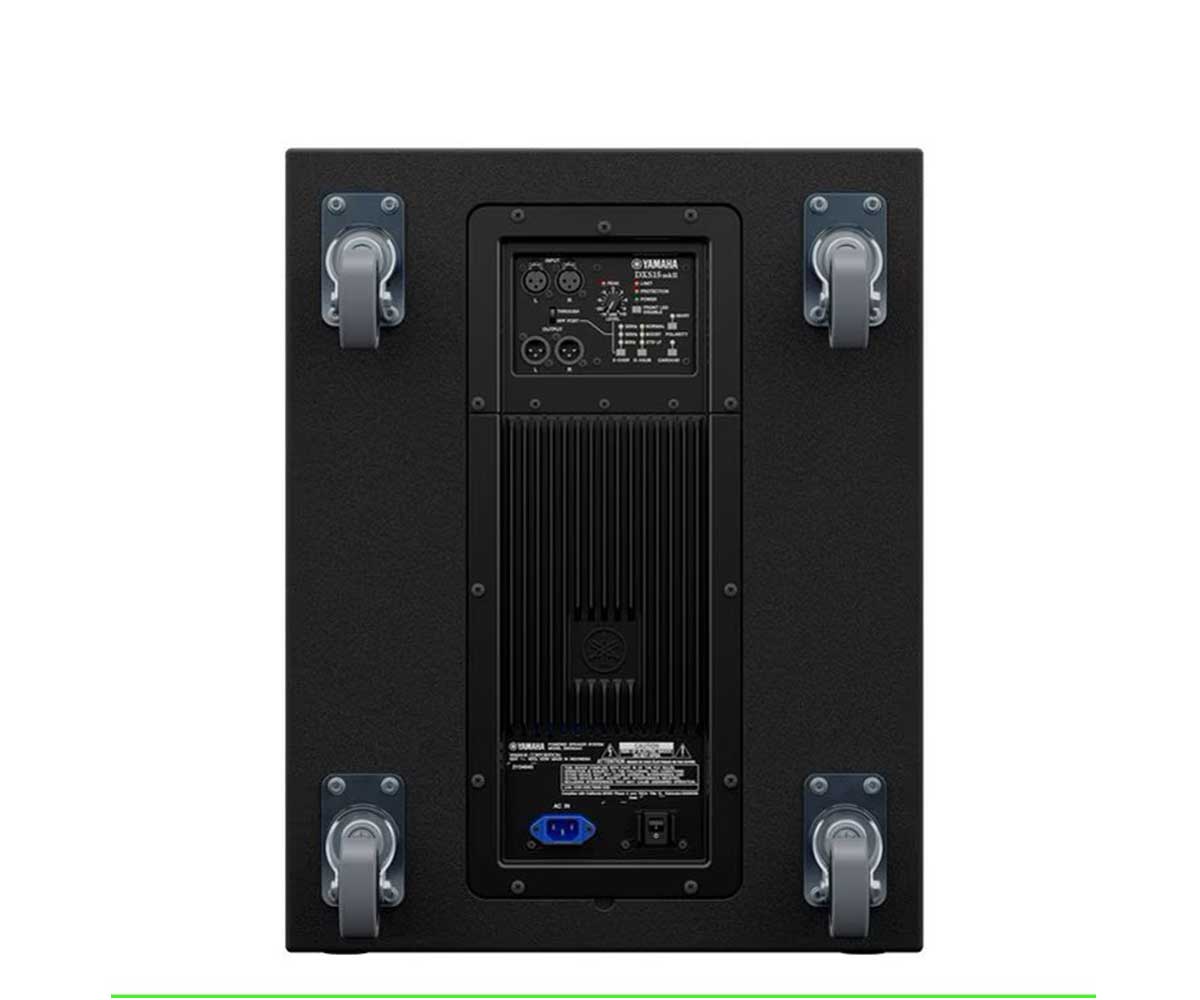 Yamaha DXS15mkII Aktiv Subwoofer Rückseite mit Rollen