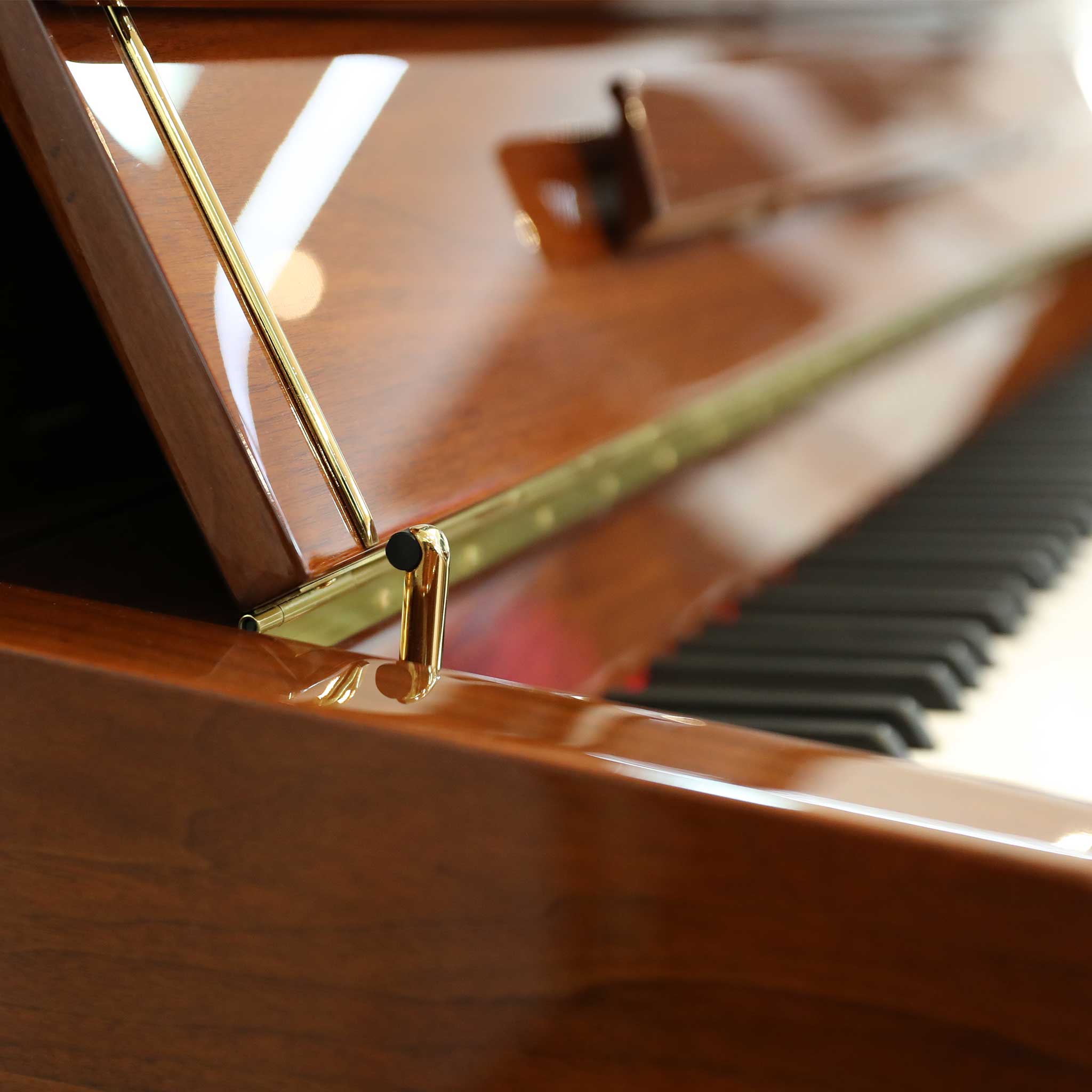 Klavier Fridolin Schimmel Nussbaum poliert detail Tastenklappenbremse