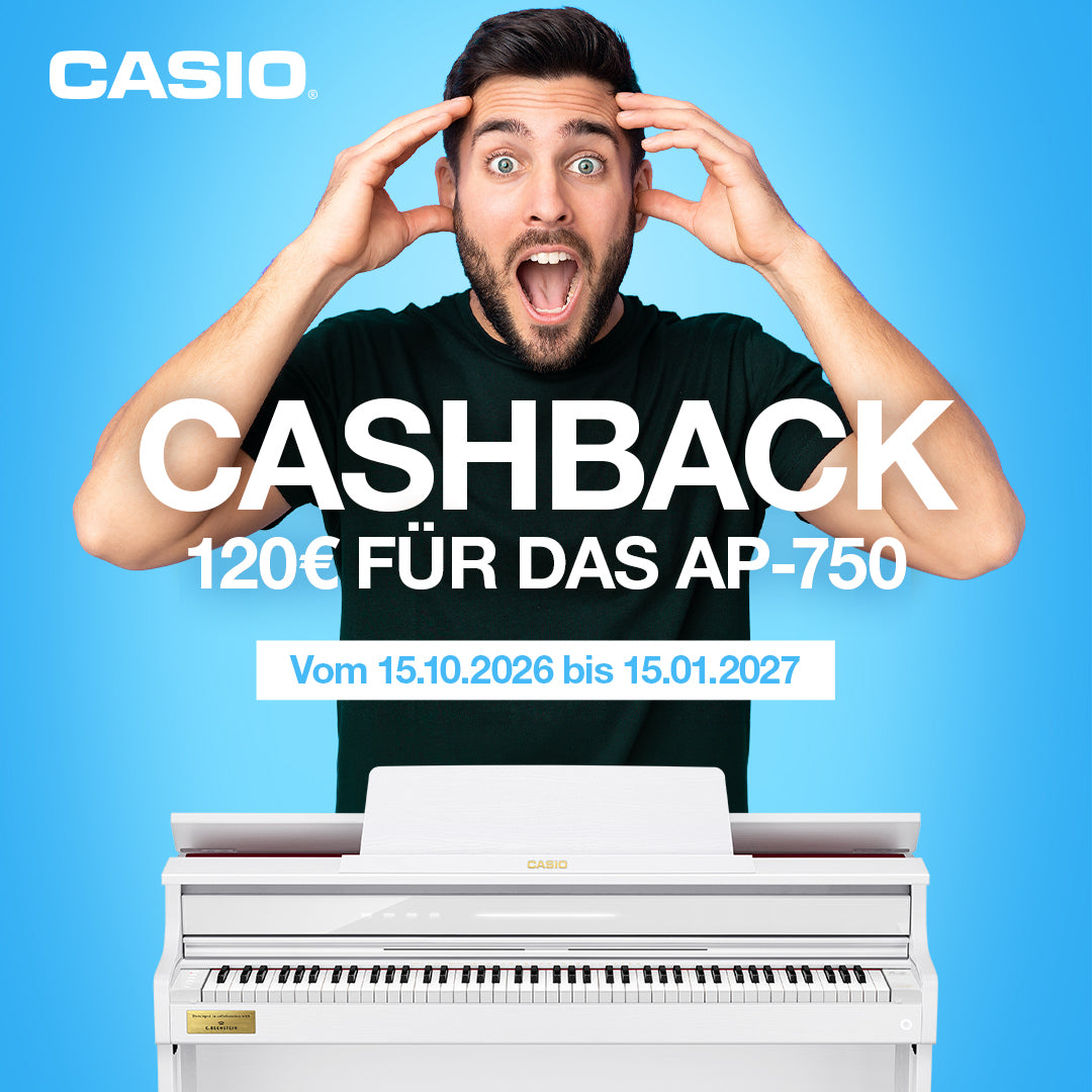 Casio Cashback blauer Hintergrund weißes Piano erstaunter Mann