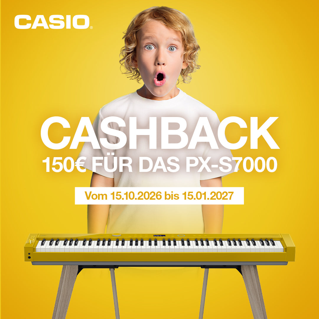 Casio Cashback Banner mit Kind und Digitalpiano 