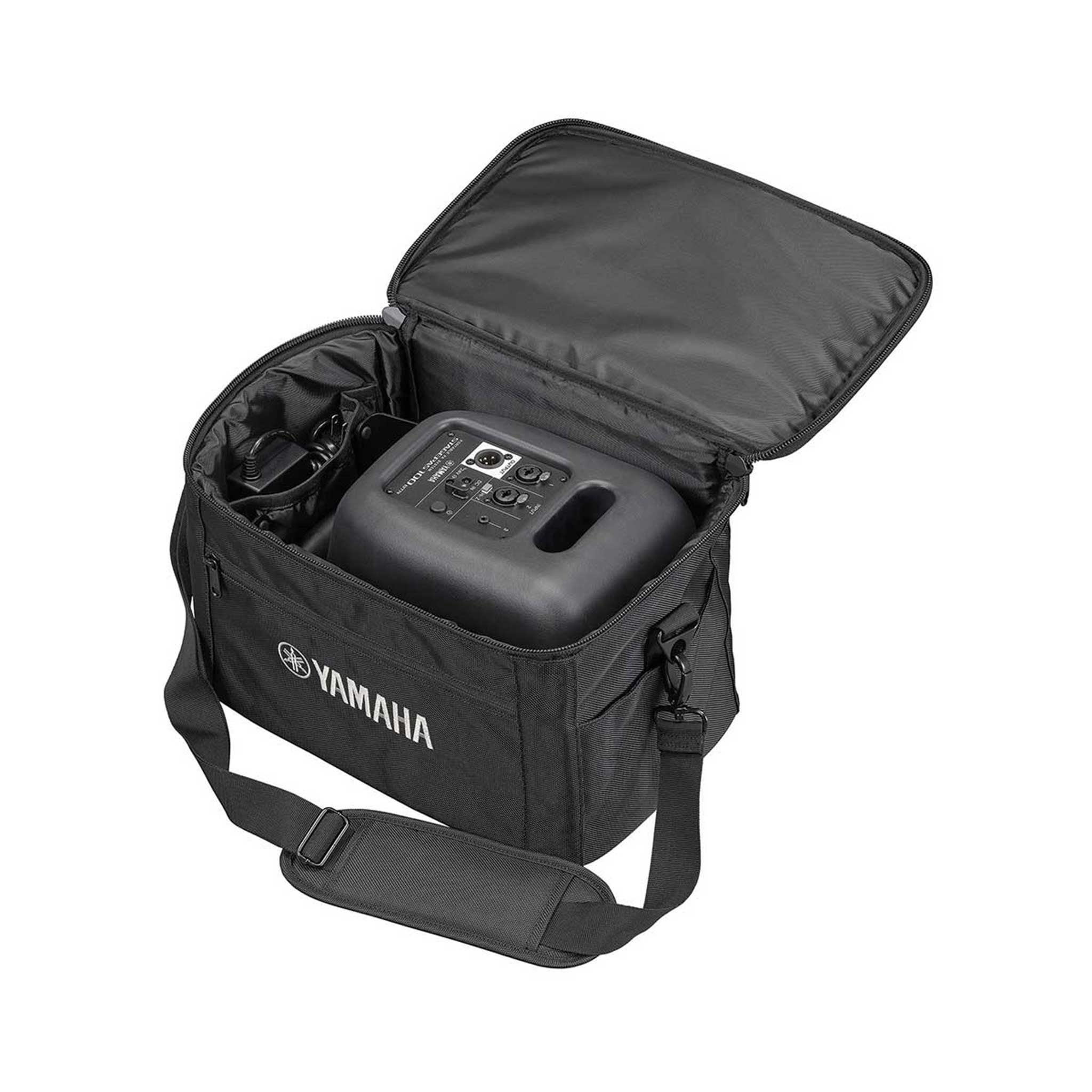 Yamaha Stagepas 100 bag schwarz mit logo geöffnet mit Lautsprecher