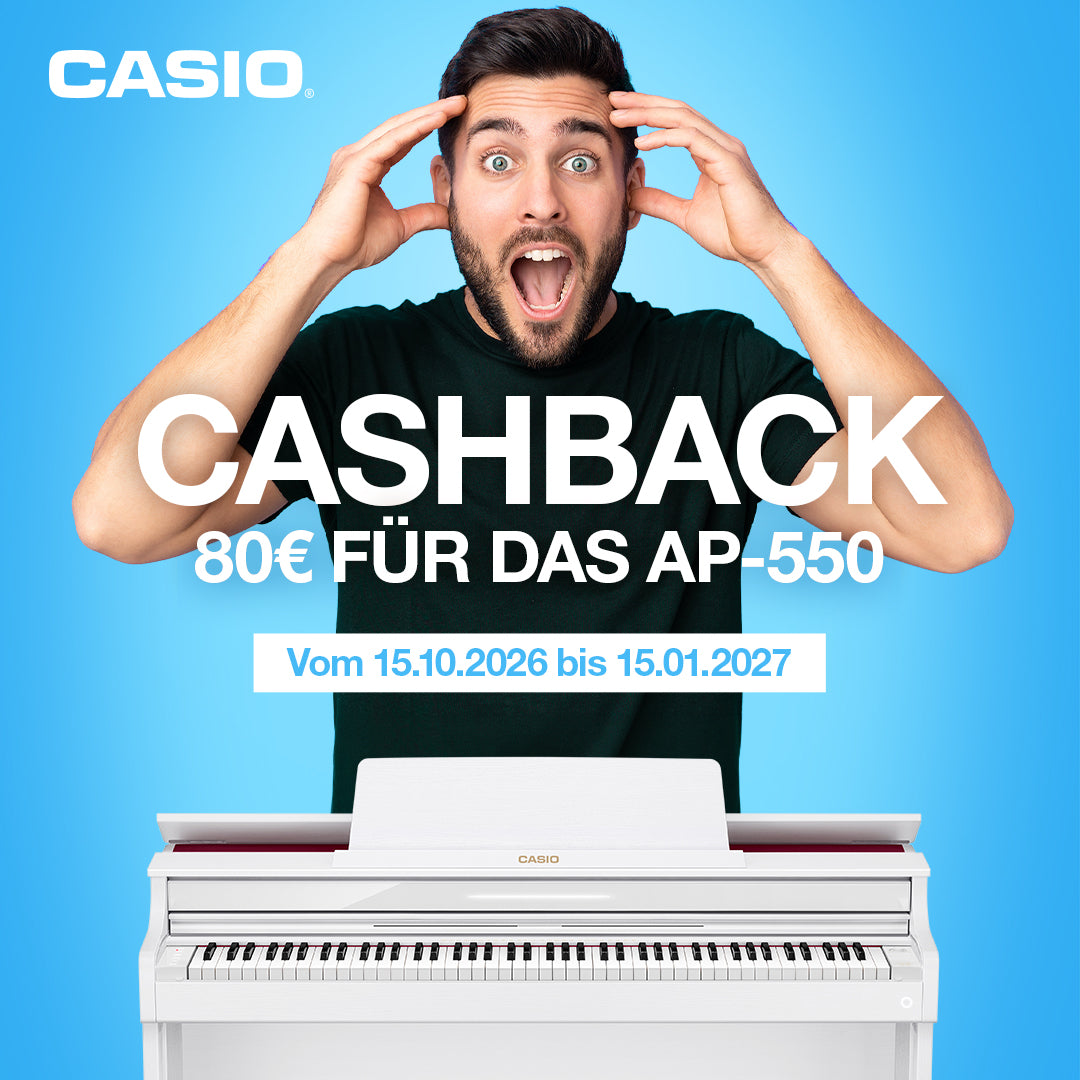 Casio AP550 Casback Grafik mit Mann der sich an die Stirn fasst und Piano Weiß
