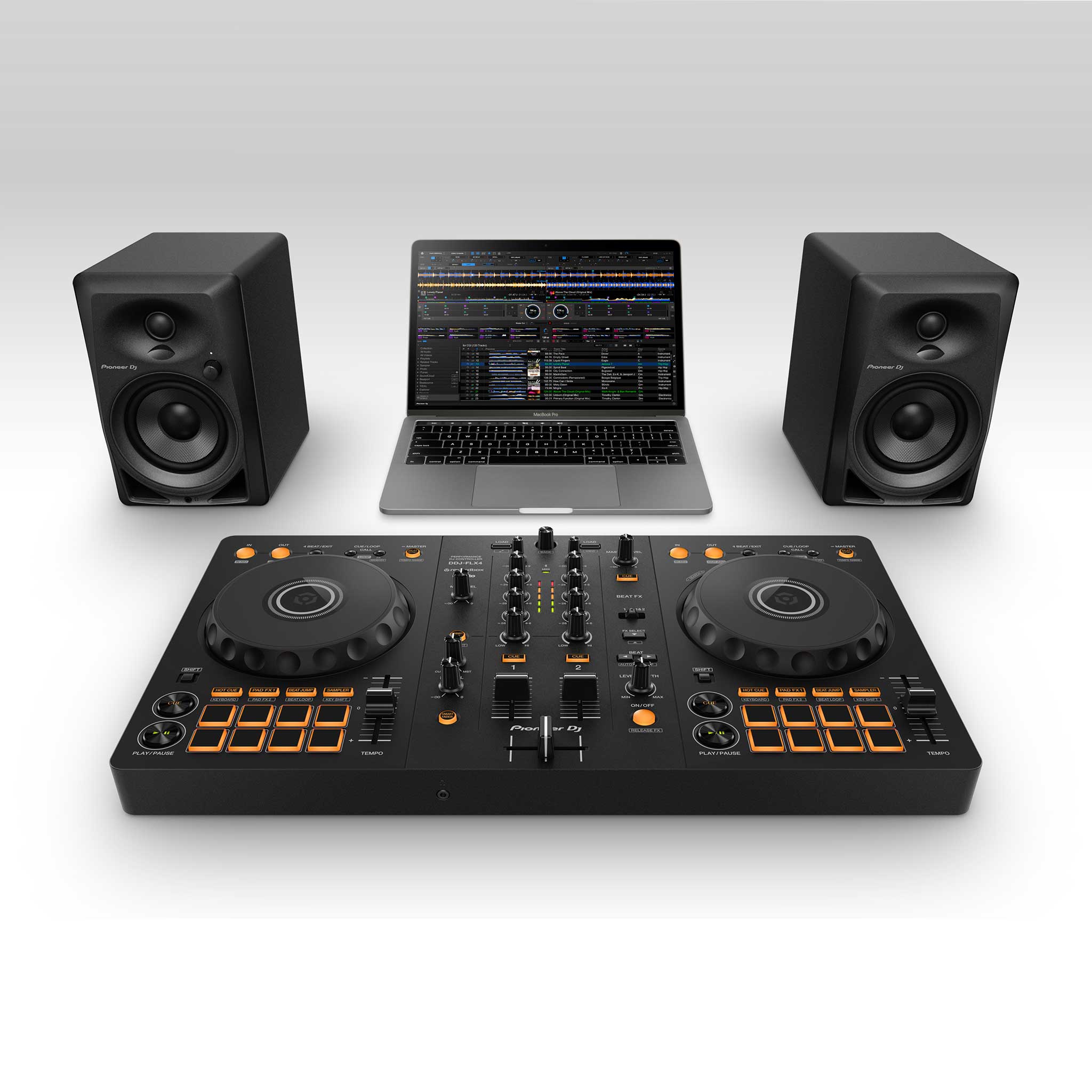 Alphatheta DJ Controller DDJ-FLX4 set mit pioneer monitore und rekordbox am laptop