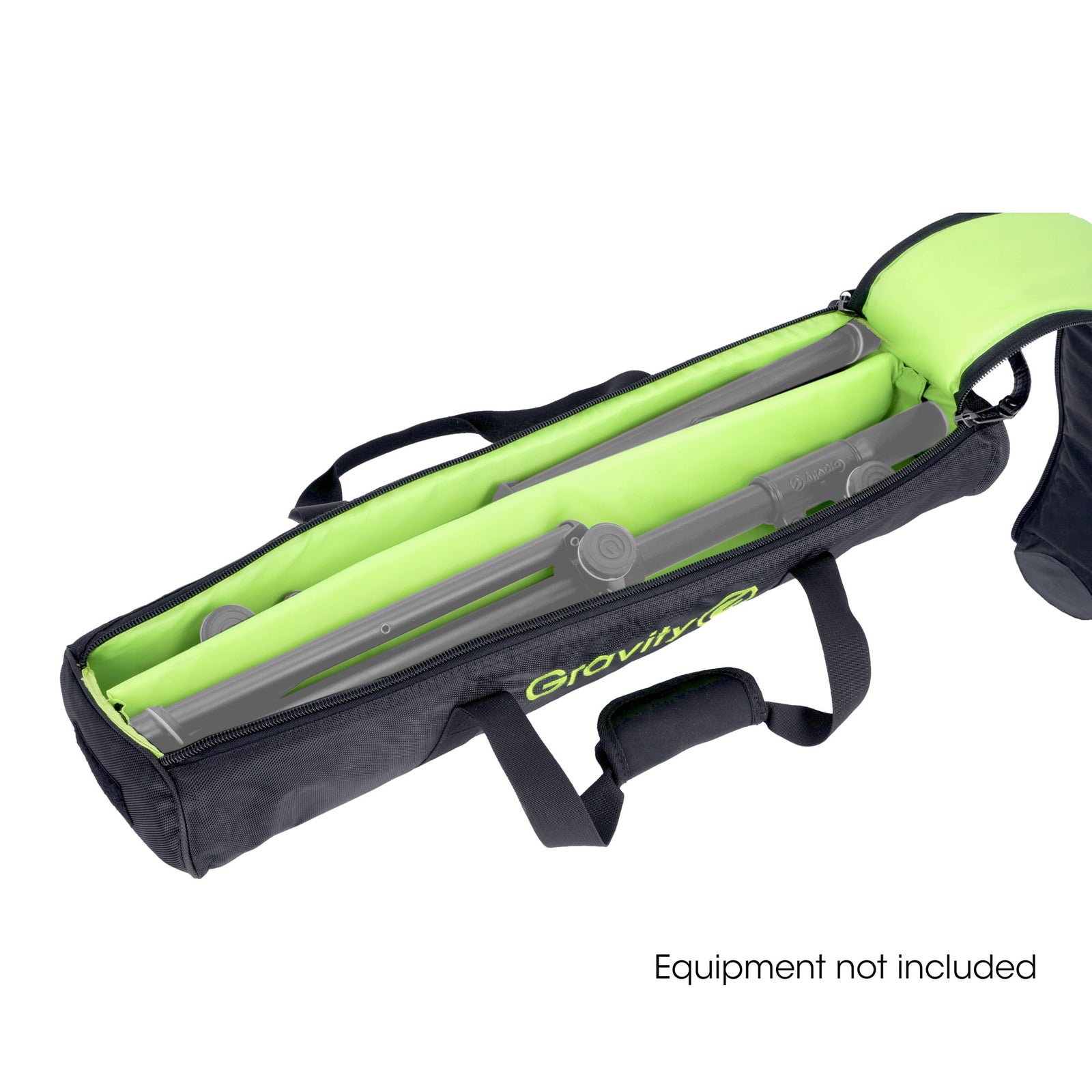 Gravity Transporttasche für Lautsprecherstative geöffnet mit grüner polsterung und 2 Stativen innen