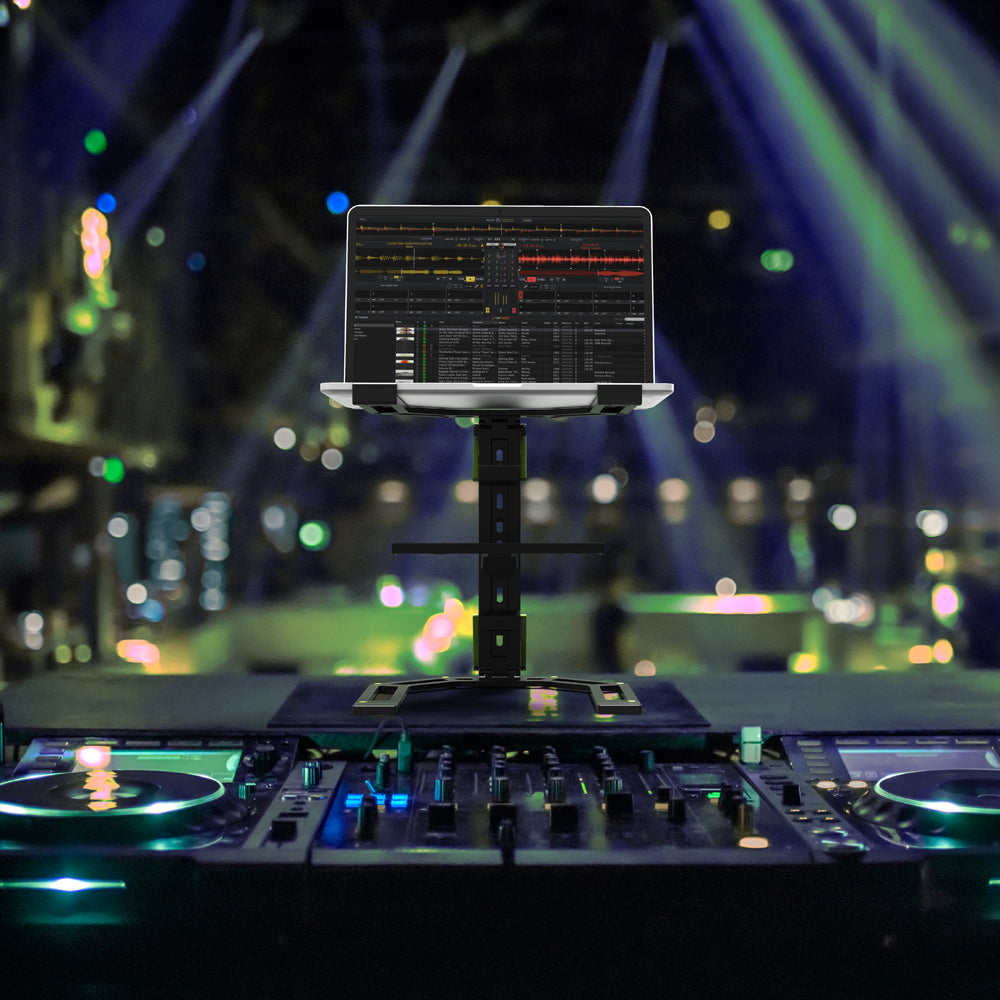 Gravity Laptopständer Schwarz mit Ablage in disco mit laptop