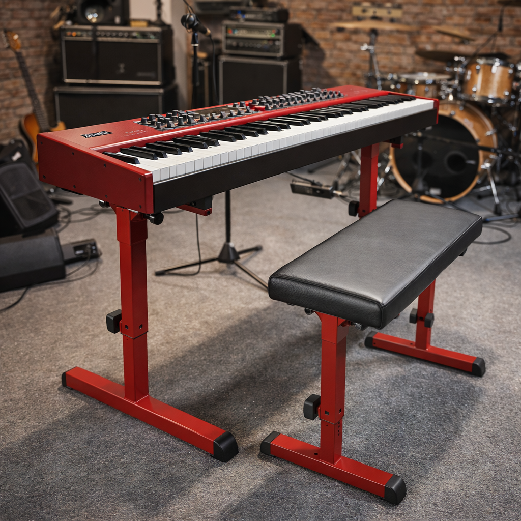 Klavierbank König & Meyer Mobil rot im Proberaum mit Keyboard und Instrumenten