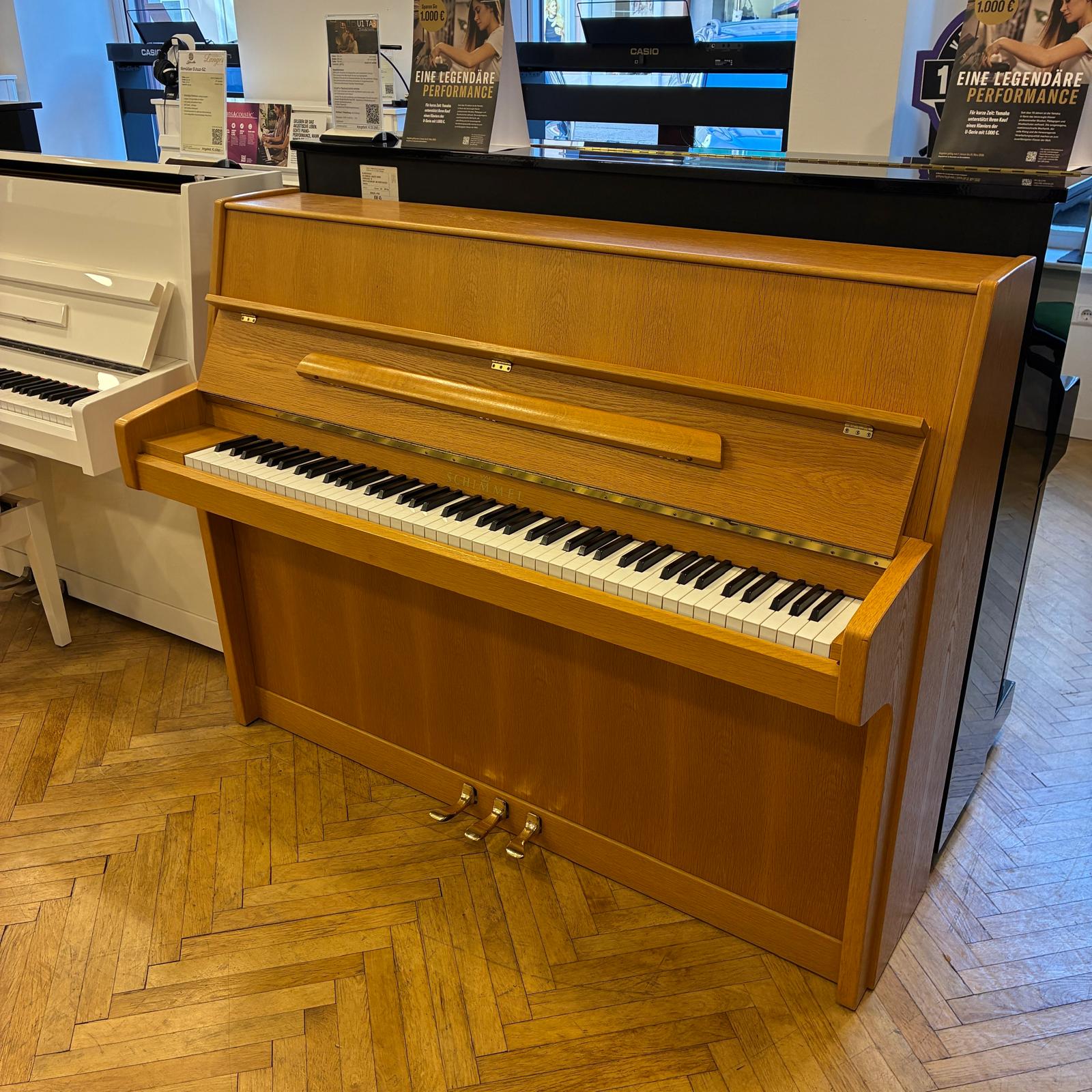 Piano Schimmel 112cm hoch ohne Rollen eiche hell funier 3 Pedale messing Beschläge