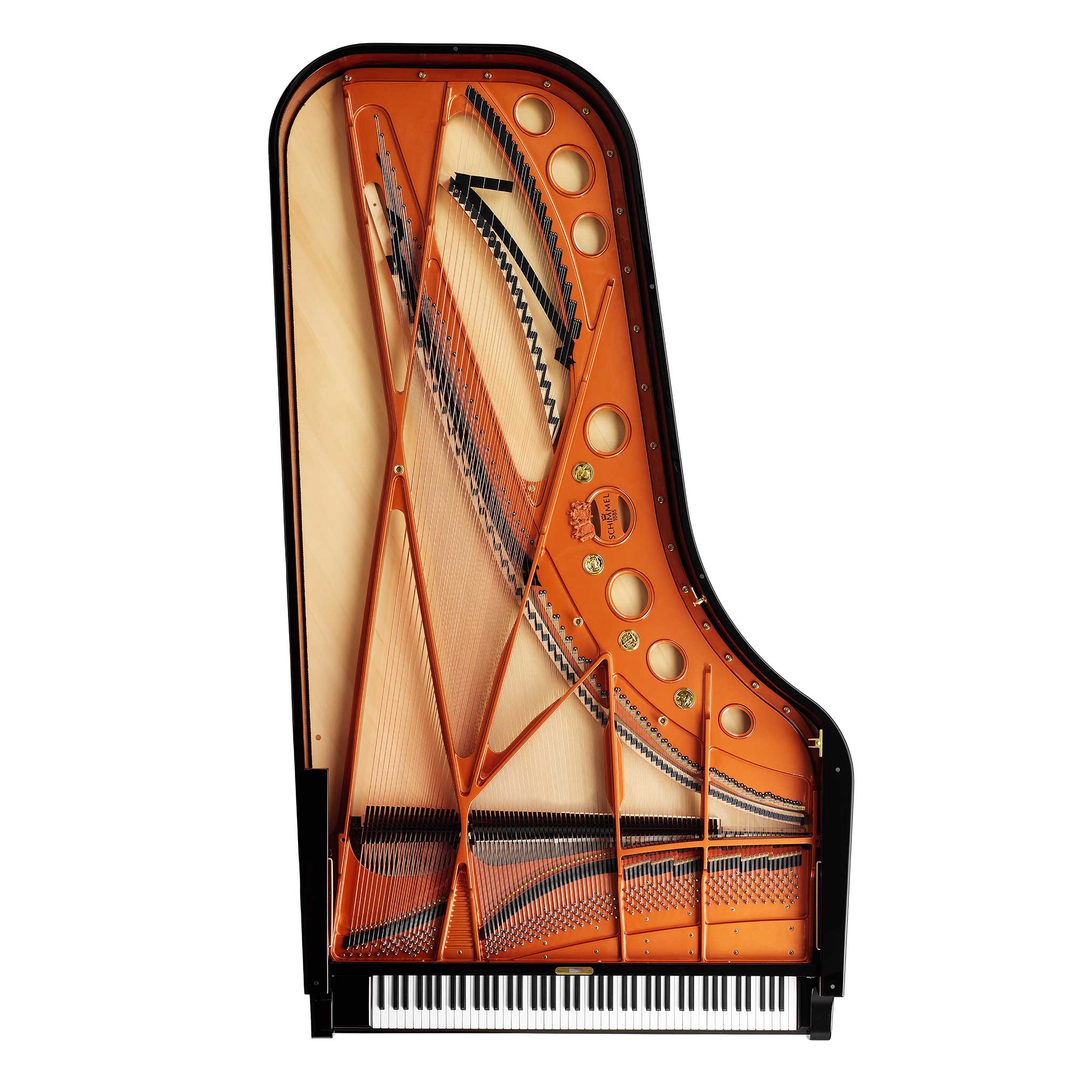 Schimmel Konzertflügel K280 Draufsicht ohne deckel blick auf Saiten Gussrahmen und Klangköper