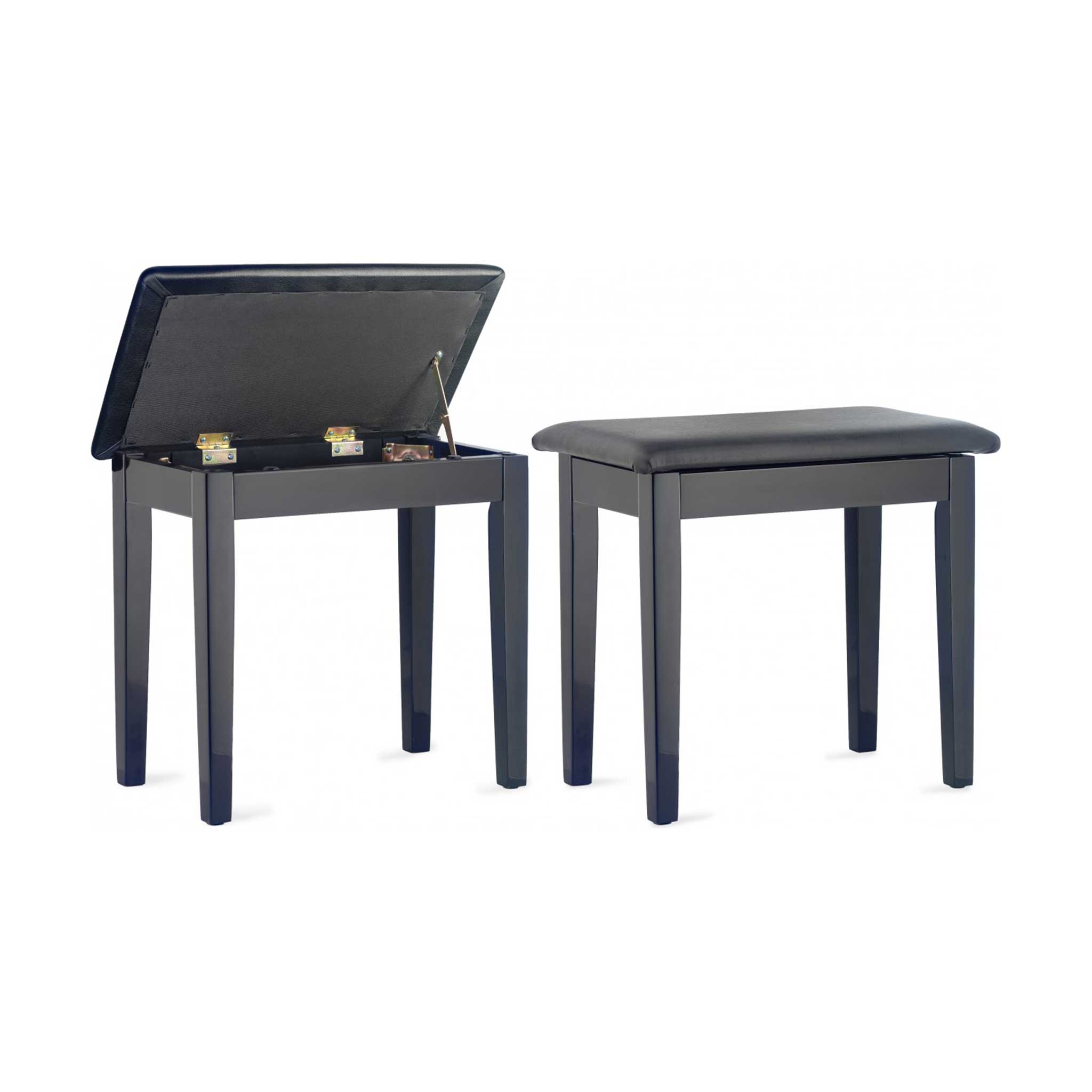Stagg Pianobank schwarz gloss mit Staufach Deckel geöffnet Kunstleder sitz weißer Hintergrund