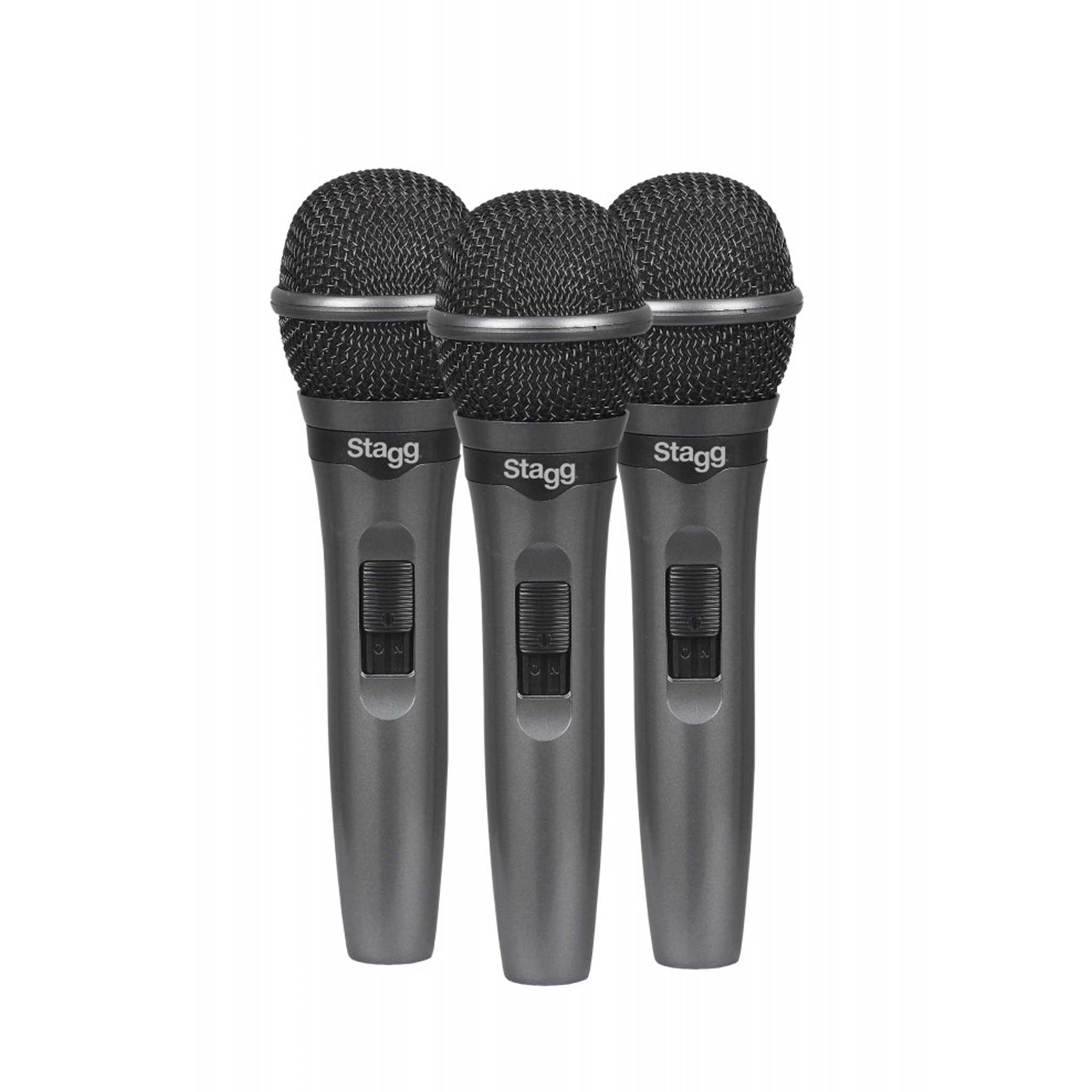 Stagg SDMP15-3 3 Mikrofone mit Schalter auf weißem Hintergrund