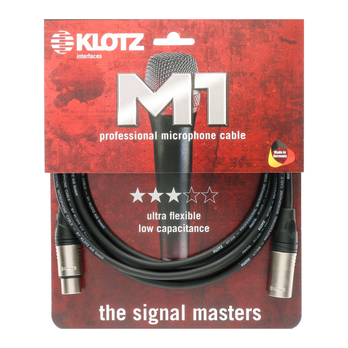 XLR Klotz Kabel Schwarz aufgerollt mit Silbernen Steckern im Roten Blister