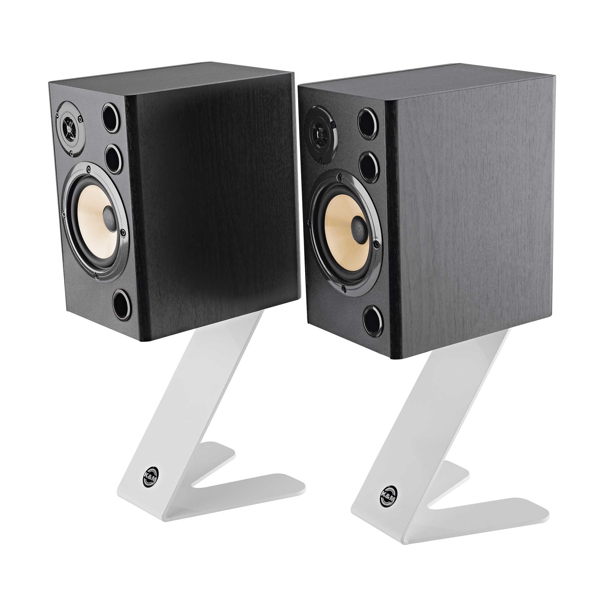 2 König & Meyer Z Monitor Tisch Stative weiß mit schwarzen lautsprechern
