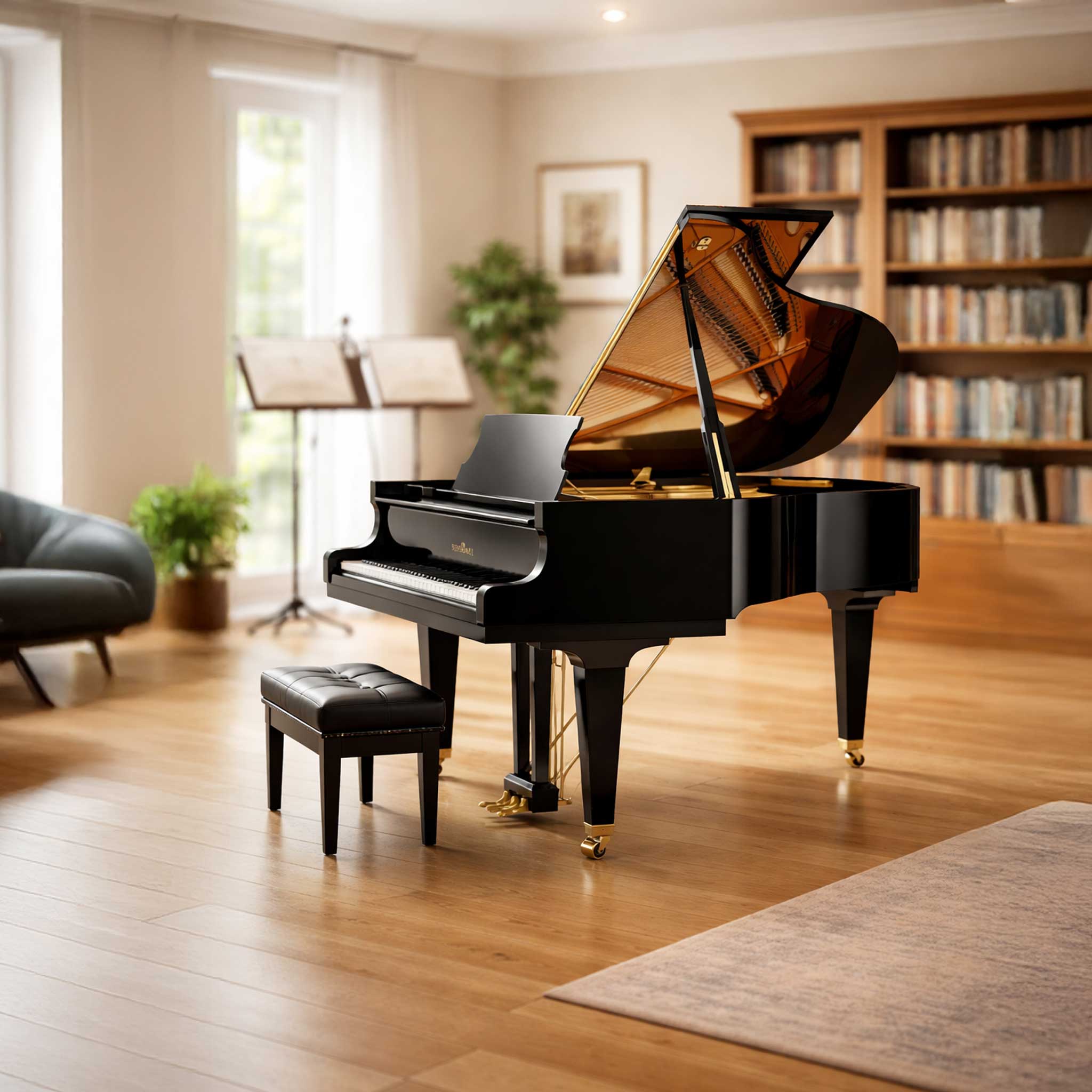 schimmel Flügel C169 Tradition offen in Wohnraum mit Klavierbank und Teppich