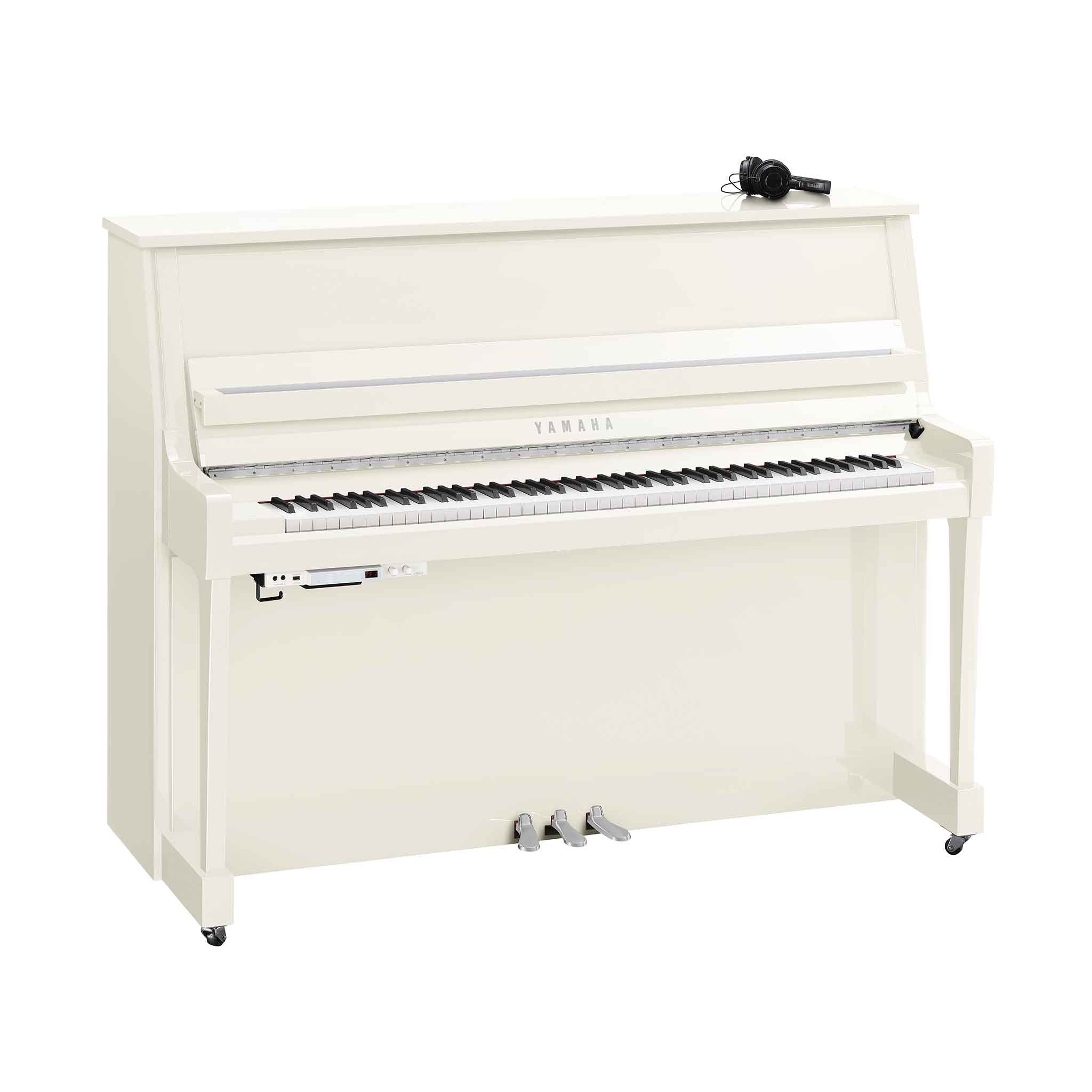 Piano Yamaha b20 weiß chrom auf weißem Hintergrund mit Silentsystem und Kopfhörer