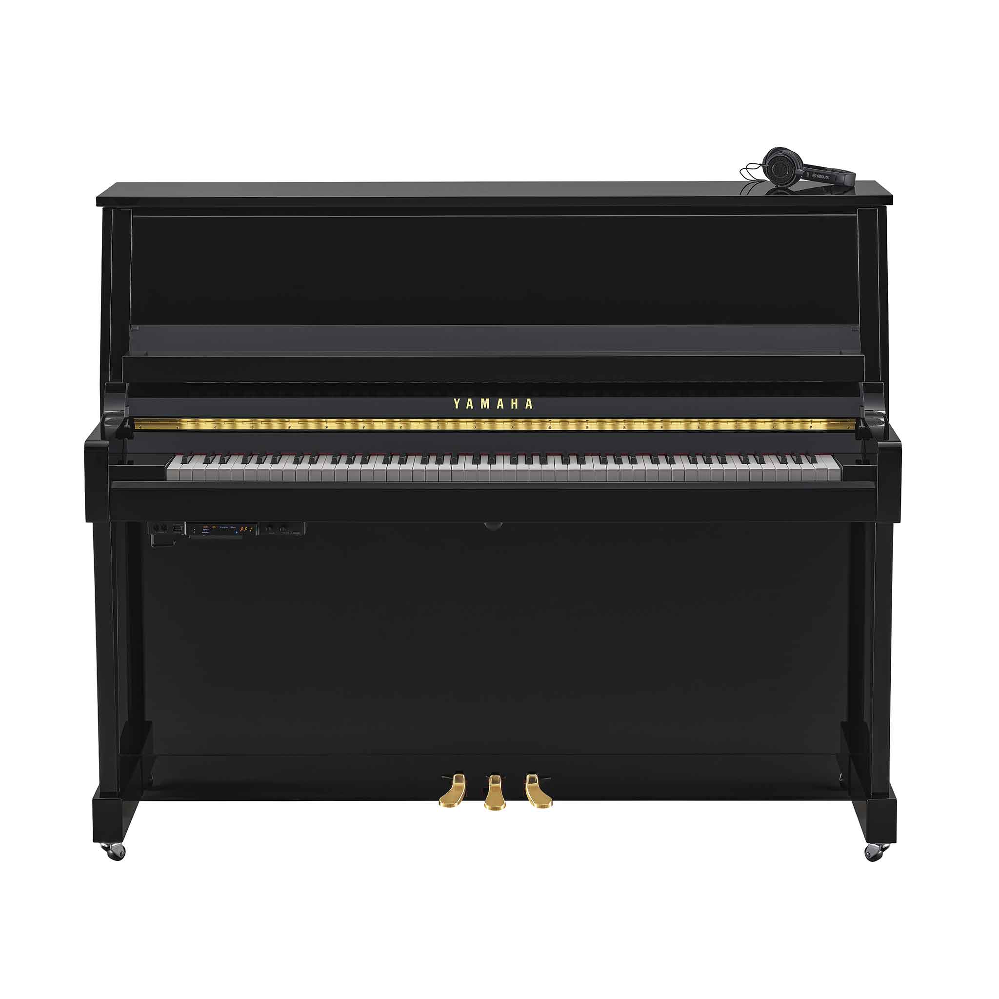 Piano Yamaha b30 schwarz auf weißem Hintergrund mit Silentsystem und Kopfhörer