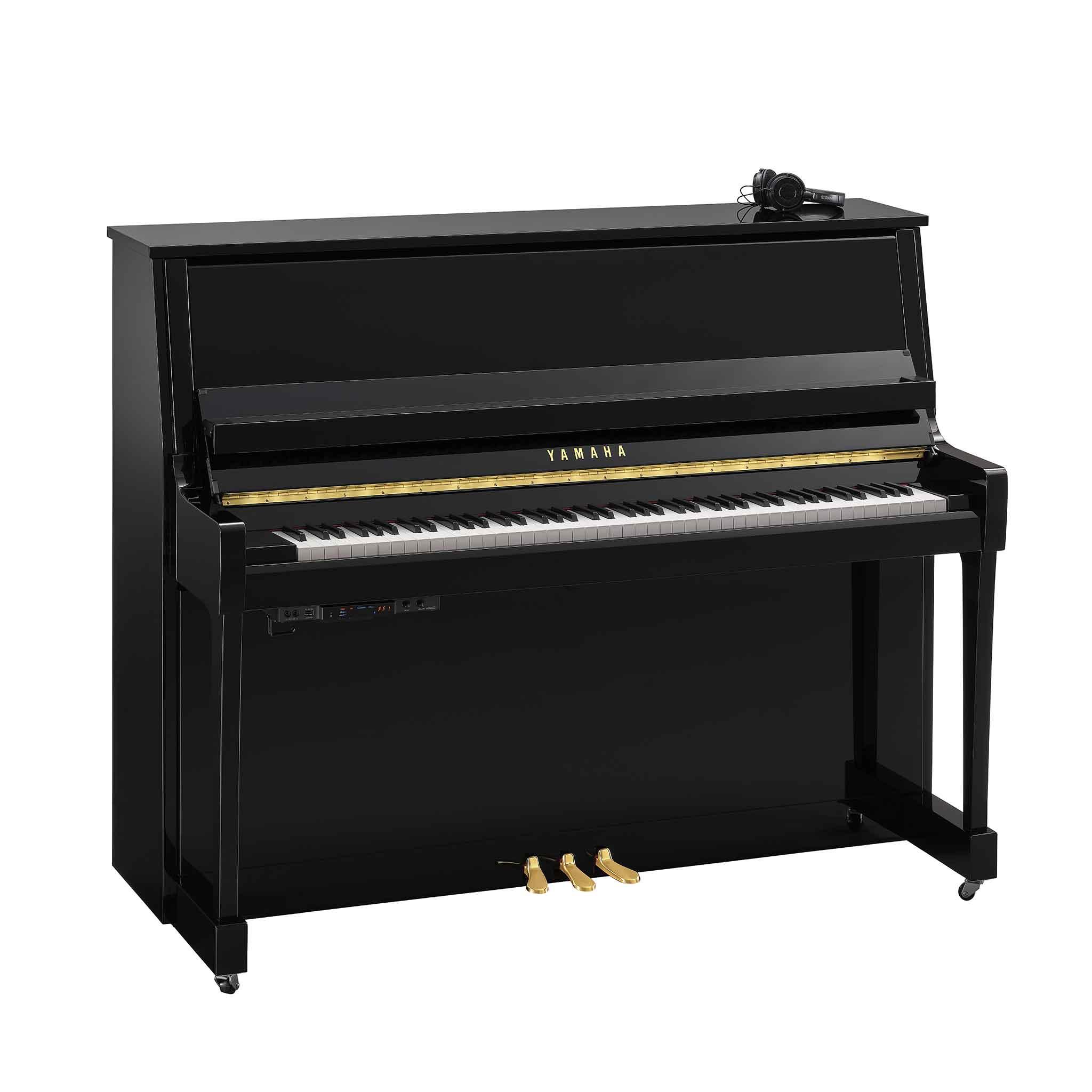 Piano Yamaha b30 schwarz auf weißem Hintergrund mit Silentsystem und Kopfhörer