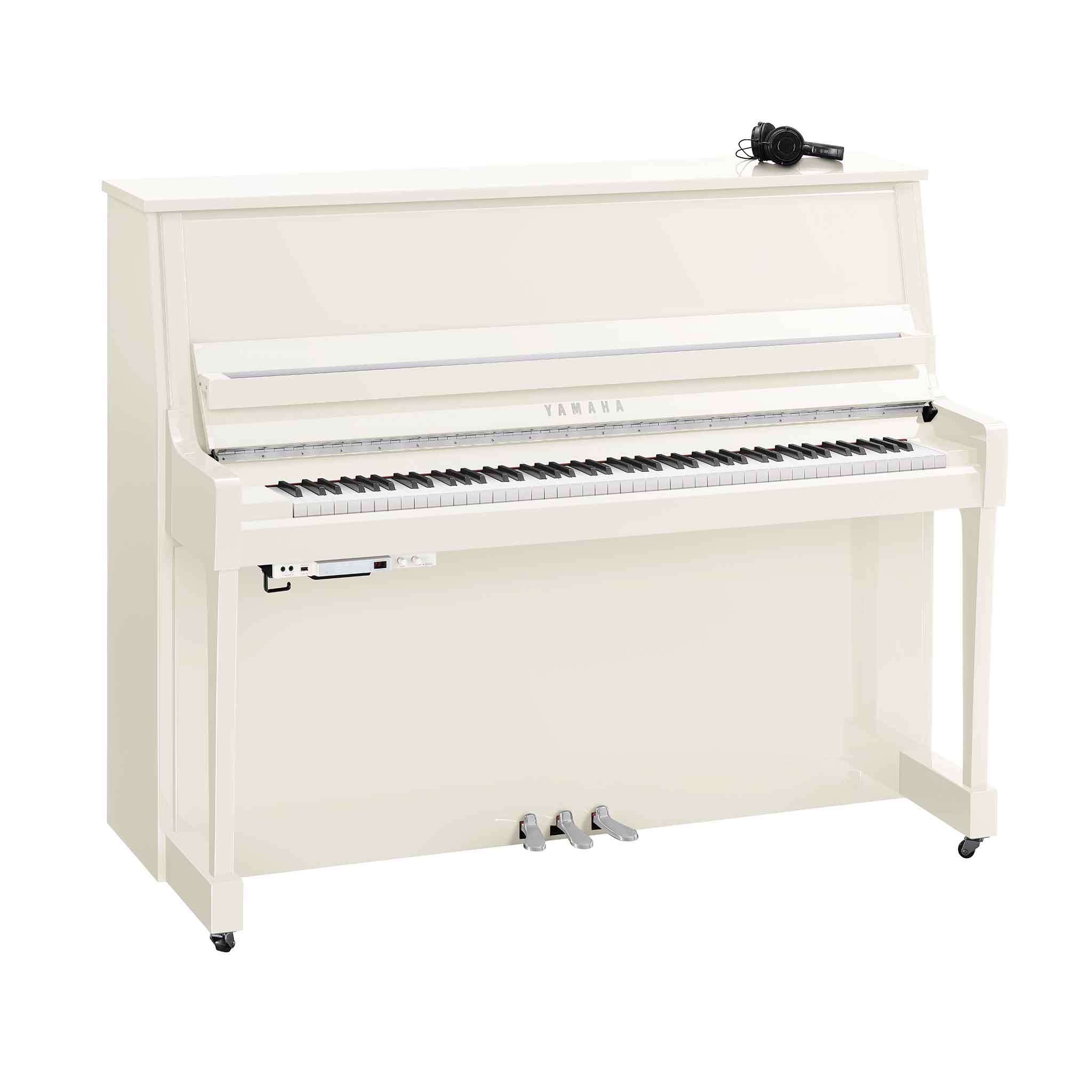 Piano Yamaha b30 weiß chrom auf weißem Hintergrund mit Silentsystem und Kopfhörer