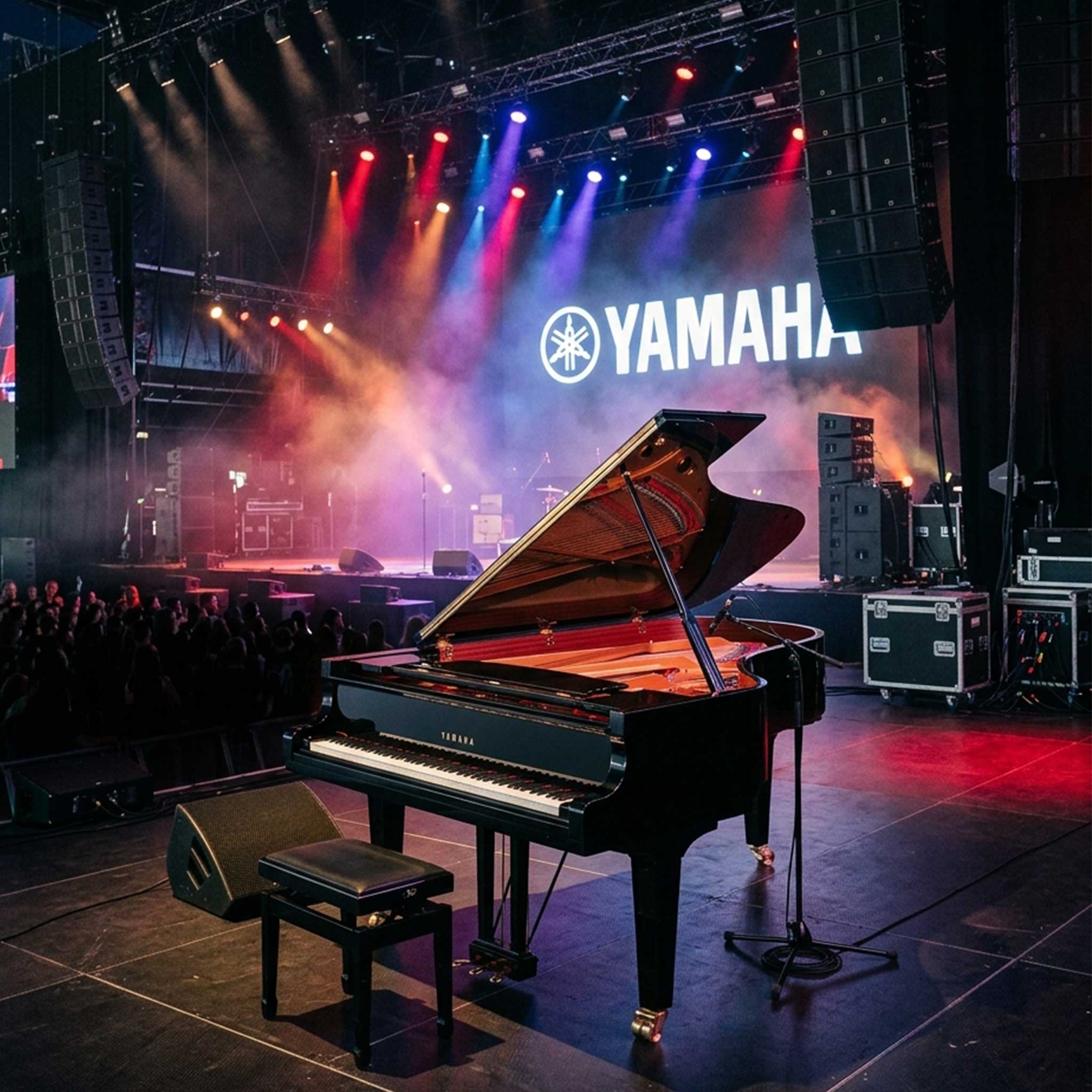 Yamaha C6x Flügel Festival bühne miete bunte lichter