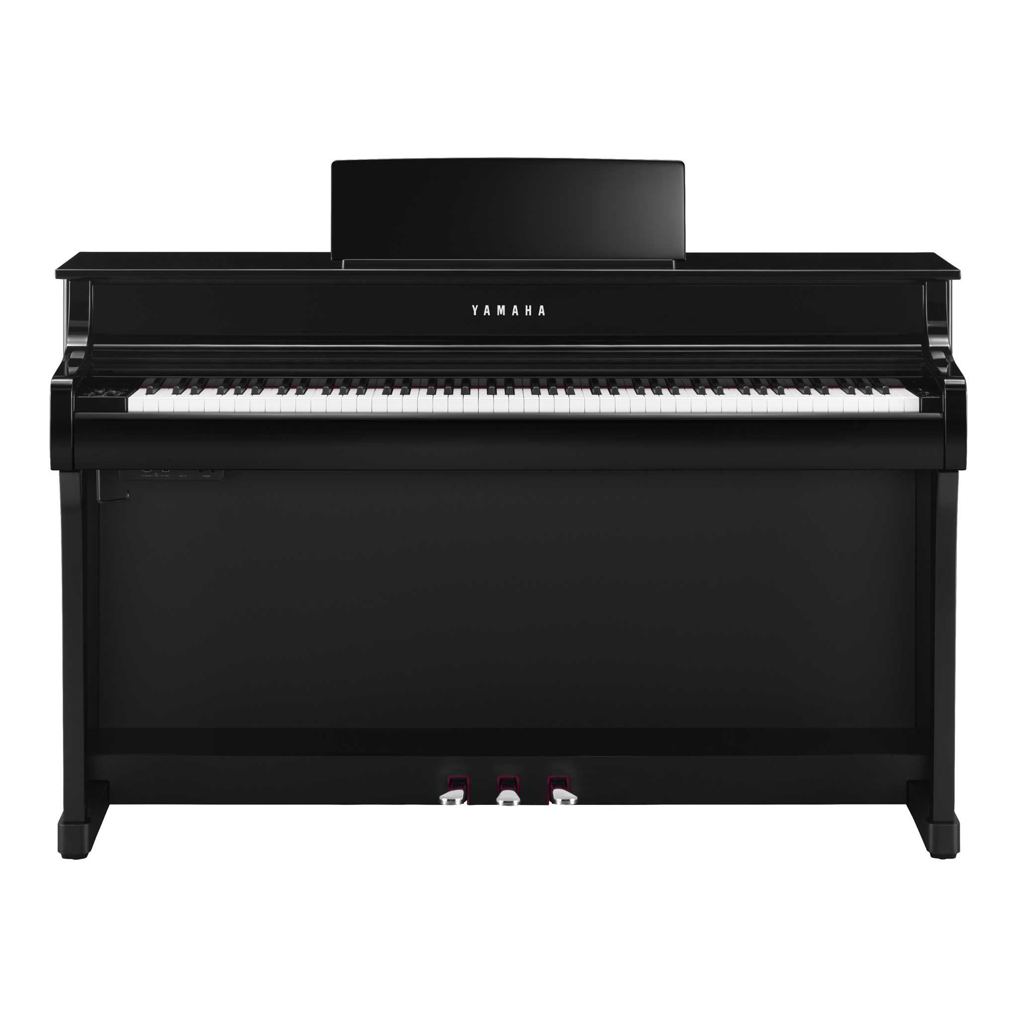 Yamaha CLP-835 PE Schwarz poliert Vorderansicht mit Tastatur und Pedalen