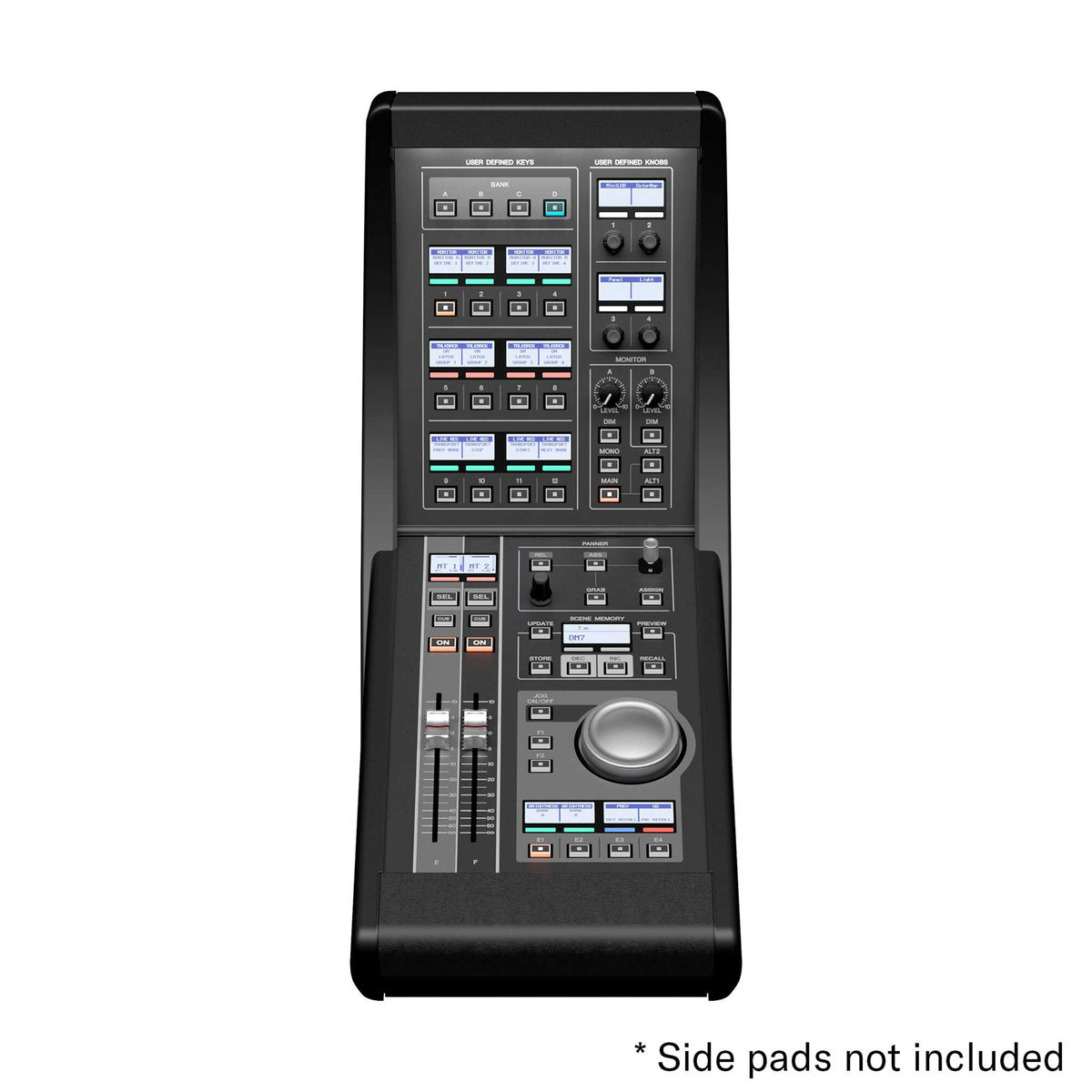 Yamaha DM7 Control in Frontansicht mit montierten Seitenteilen, zwei Fadern und Jog-Wheel