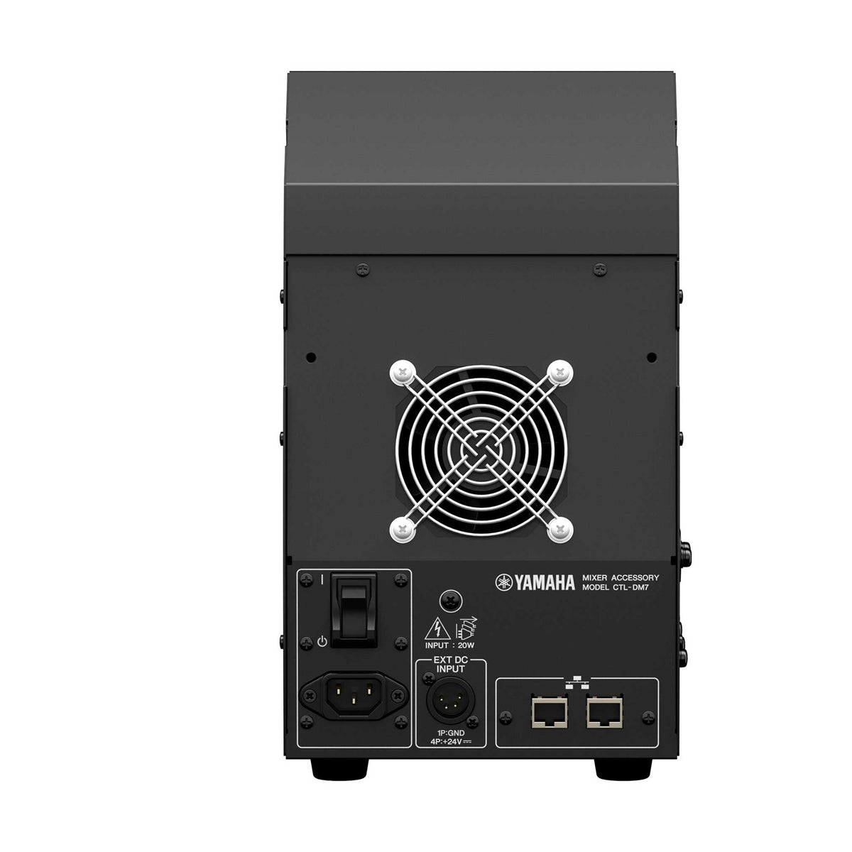 Rückseite des Yamaha DM7 Control mit Lüfter, Netzanschluss, externem Gleichstromeingang und zwei Netzwerkanschlüssen