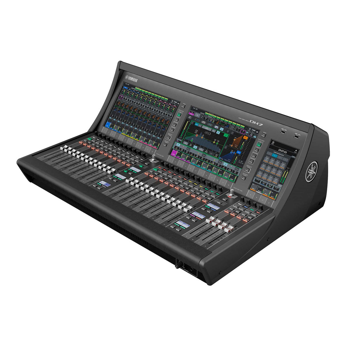 Yamaha DM7 Digitalmischpult schräg von rechts mit drei Displays und Fadersektion